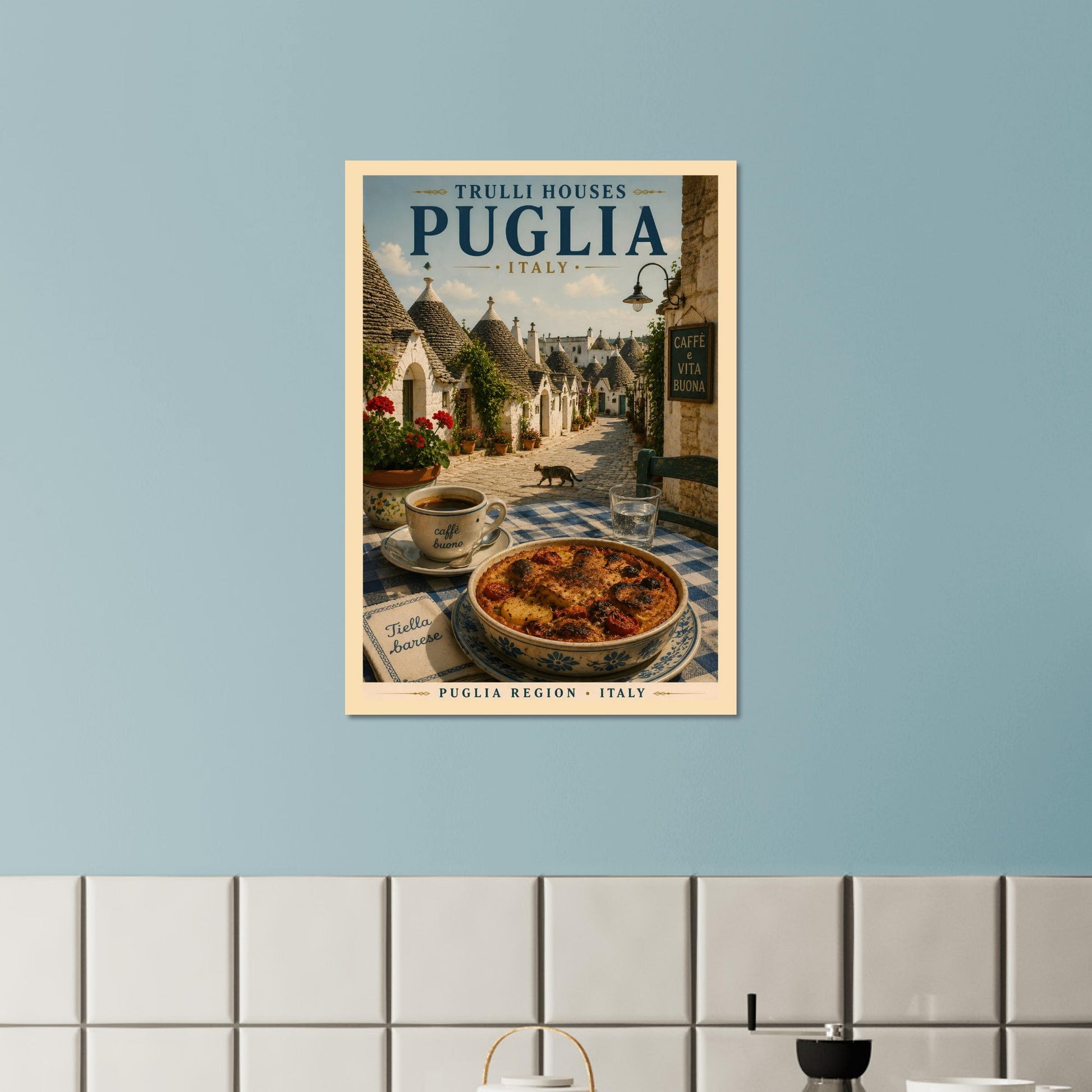 Puglia wall art print hanging on a soft blue wall in a contemporary dining space