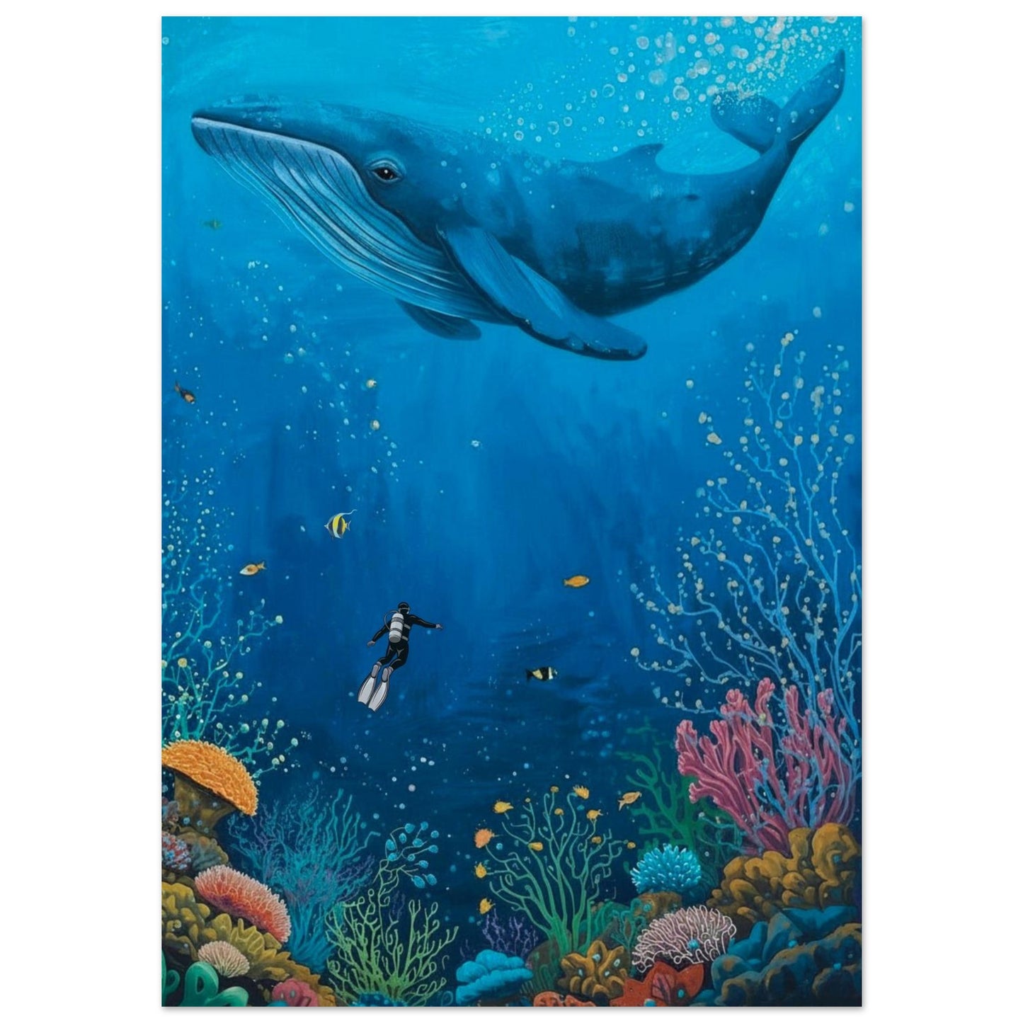 Whale swimming above a diver and colorful coral reef underwater scene