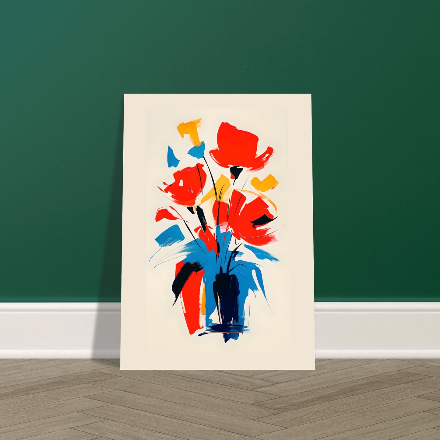 Abstract floral artwork with red, blue, and yellow flowers in a black vase on a beige background.