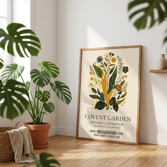 Covent Garden botanical poster in wooden frame on shelf with plant decor