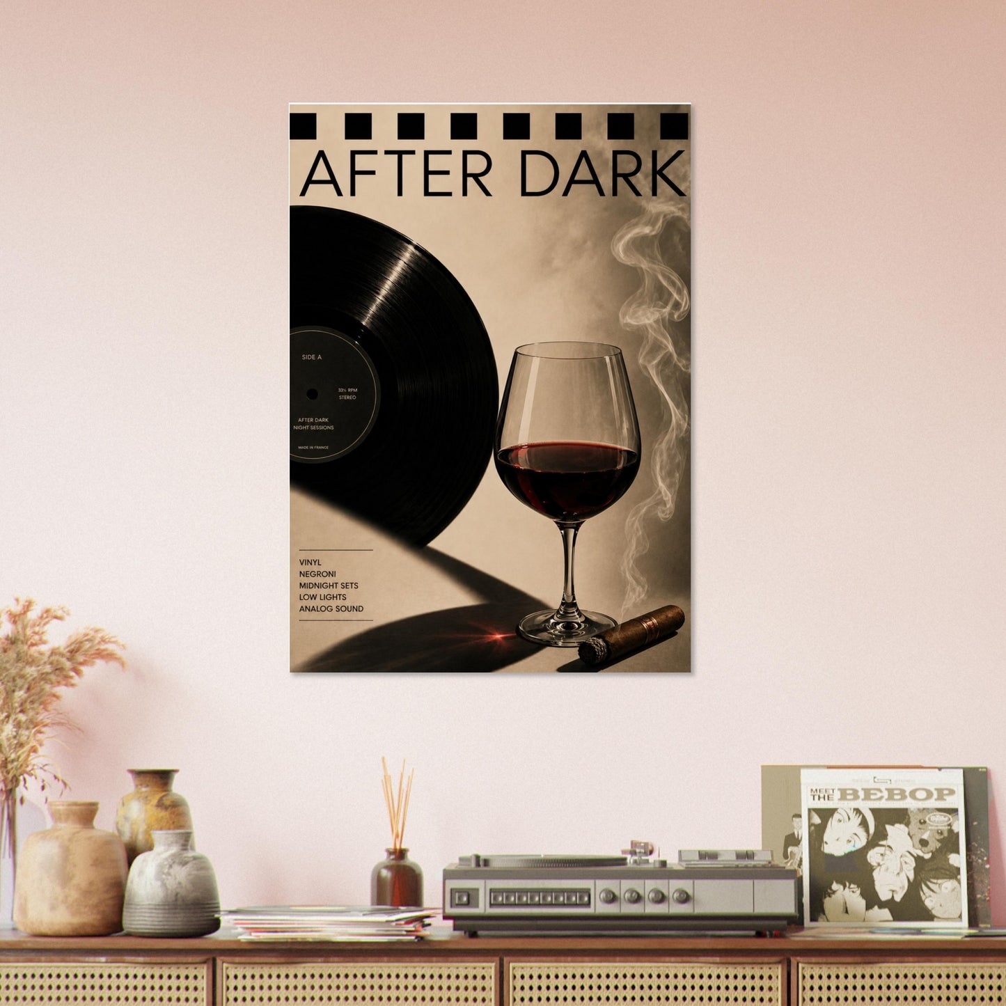 Poster titled 'After Dark' with a vinyl record, glass of red wine, and smoking cigar on a decorative shelf.