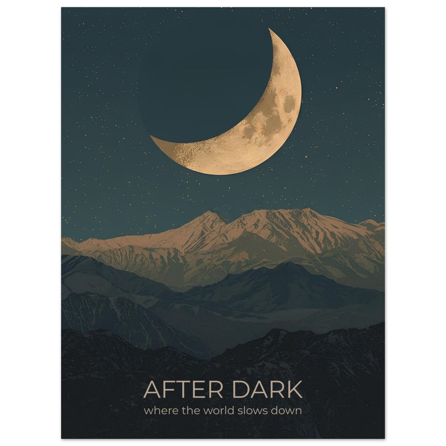 Close-up of After Dark moon wall art featuring a glowing crescent moon above layered mountains in deep navy and teal tones.