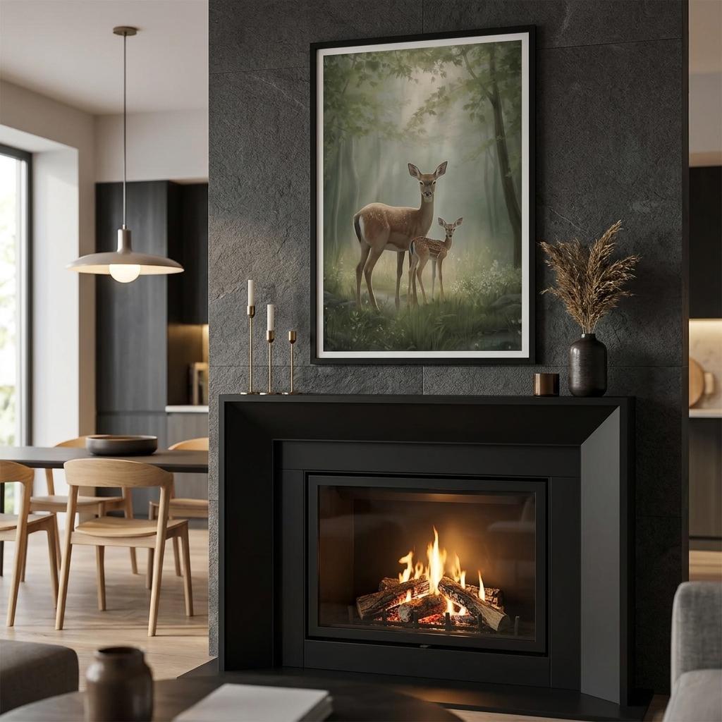 Modern living room with a black fireplace, framed artwork of deer, and a dining area.