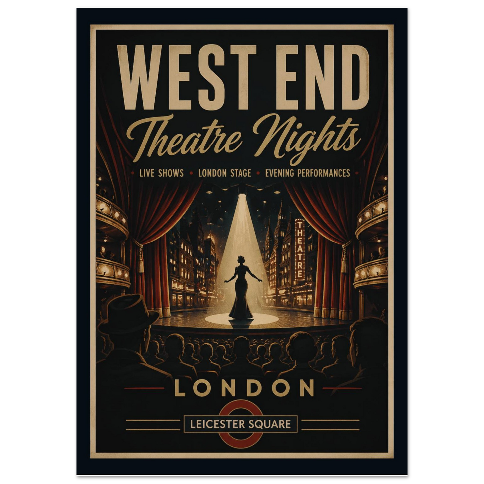 Poster advertising West End Theatre Nights with a stage and curtain design.