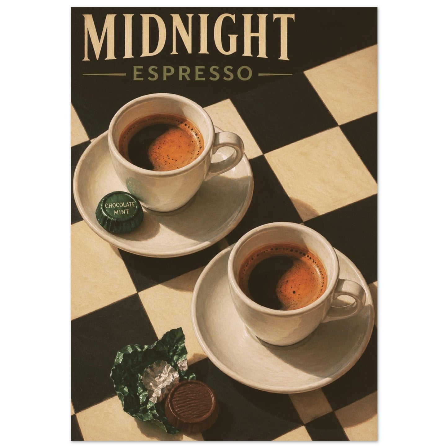Midnight Espresso retro poster featuring two espresso cups, chocolate mints and a black and cream checkerboard design.