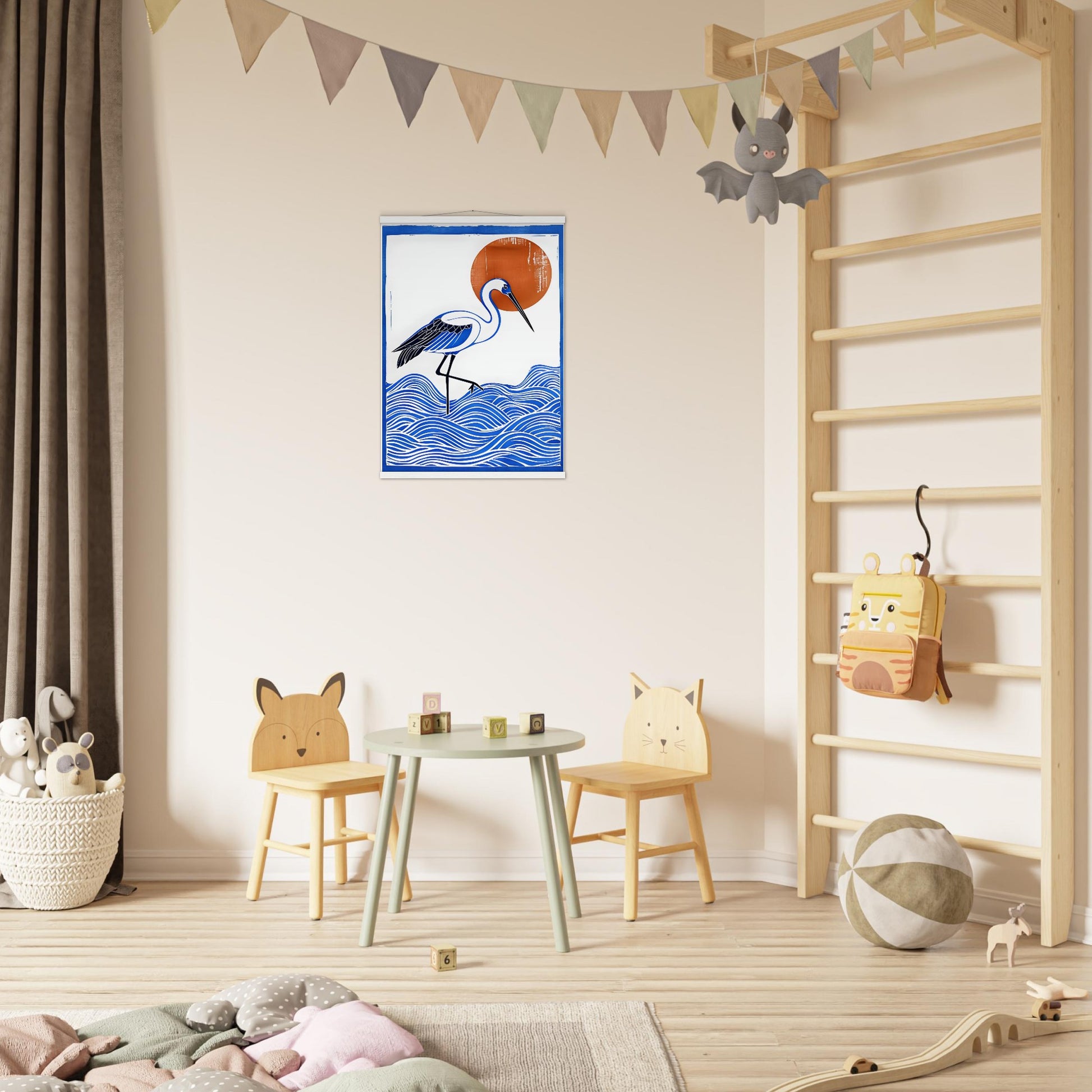 Wall poster with a crane in the sea and sun design in a Children's room with a wooden ladder, table, chairs, and decorative items.