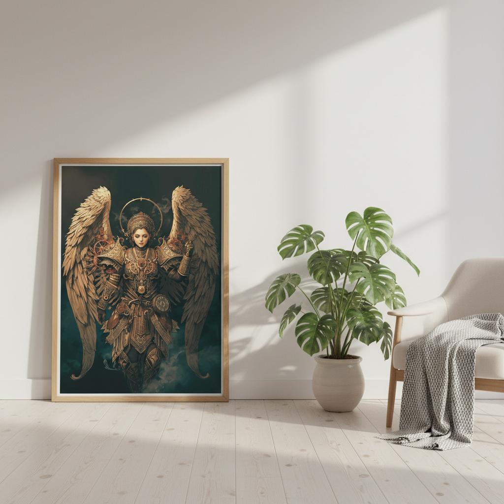 Framed artwork of an angel in a room with a plant and chair.