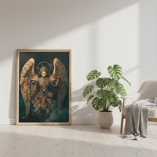 Framed artwork of an angel in a room with a plant and chair.