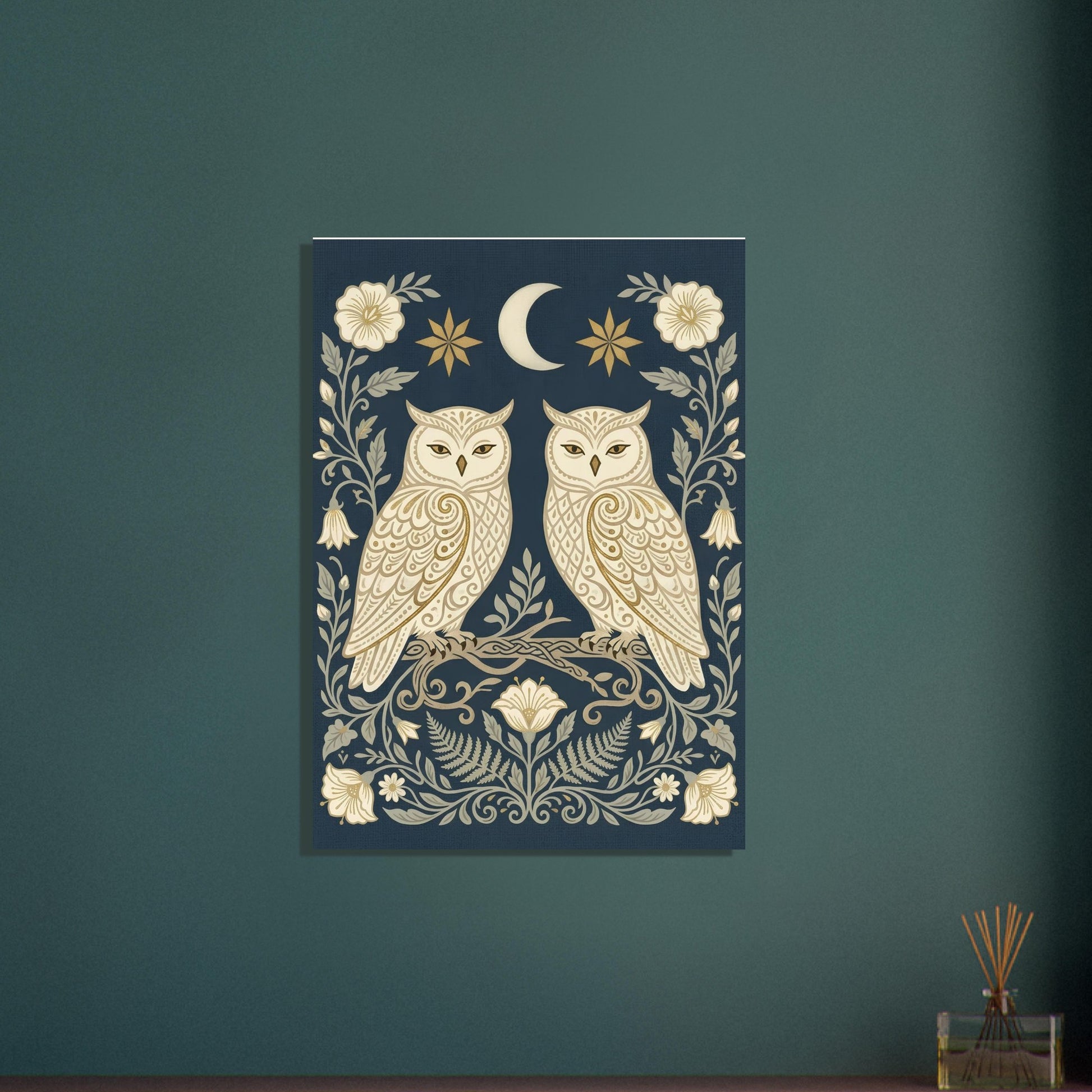 Owls & Moonflowers Scandinavian folk art print displayed leaning against a wall, showcasing intricate owl feather details and botanical motifs.