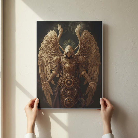 Person holding a framed artwork of an angelic figure with intricate design on a light wall.