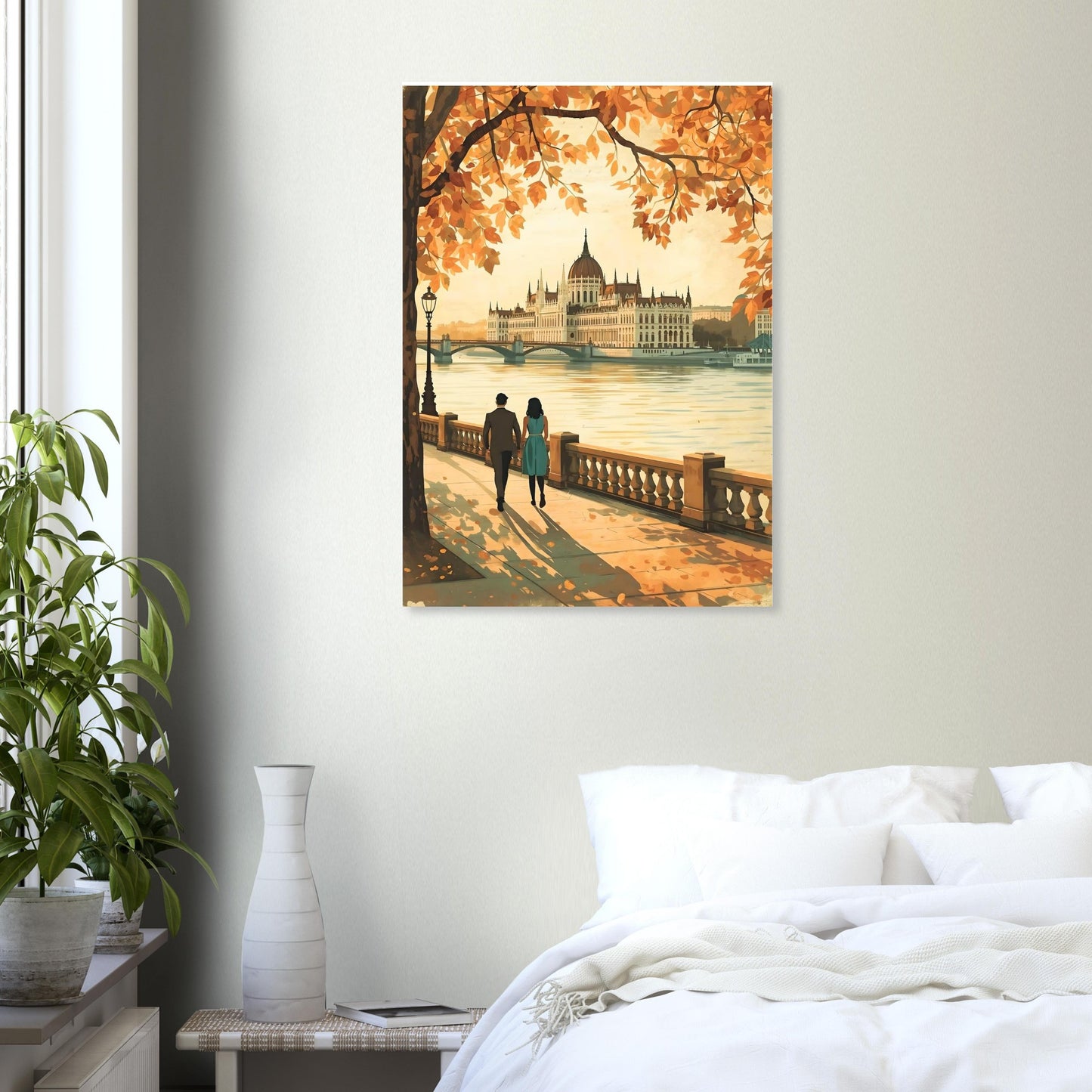 Hungarian Parliament sunset print styled in neutral Scandinavian bedroom