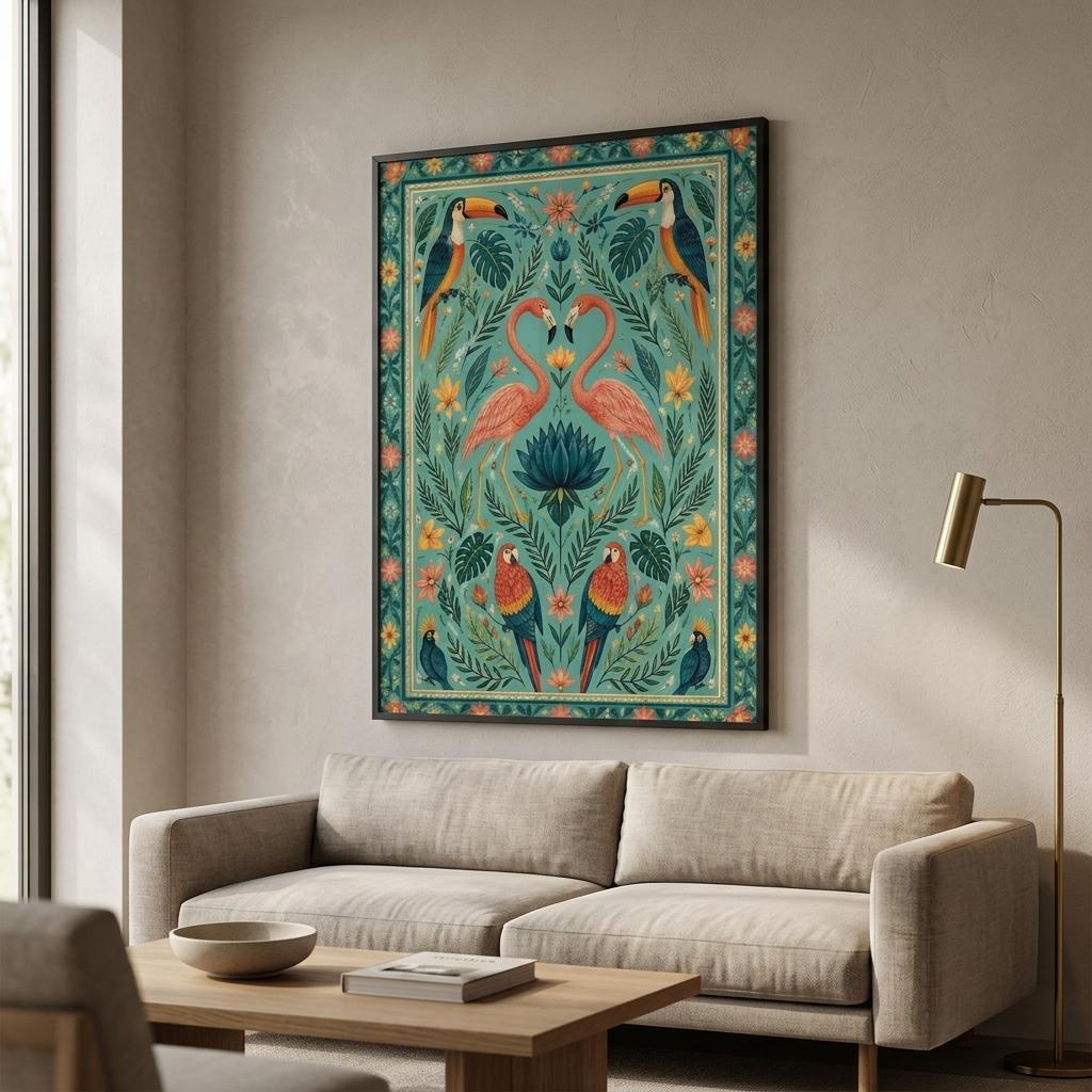 Tropical flamingo folk art poster with teal background and coral birds displayed on wooden floor against neutral wall