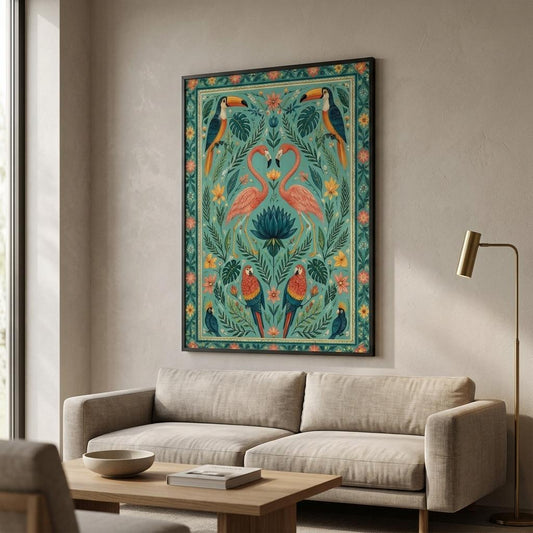 Tropical flamingo folk art poster with teal background and coral birds displayed on wooden floor against neutral wall