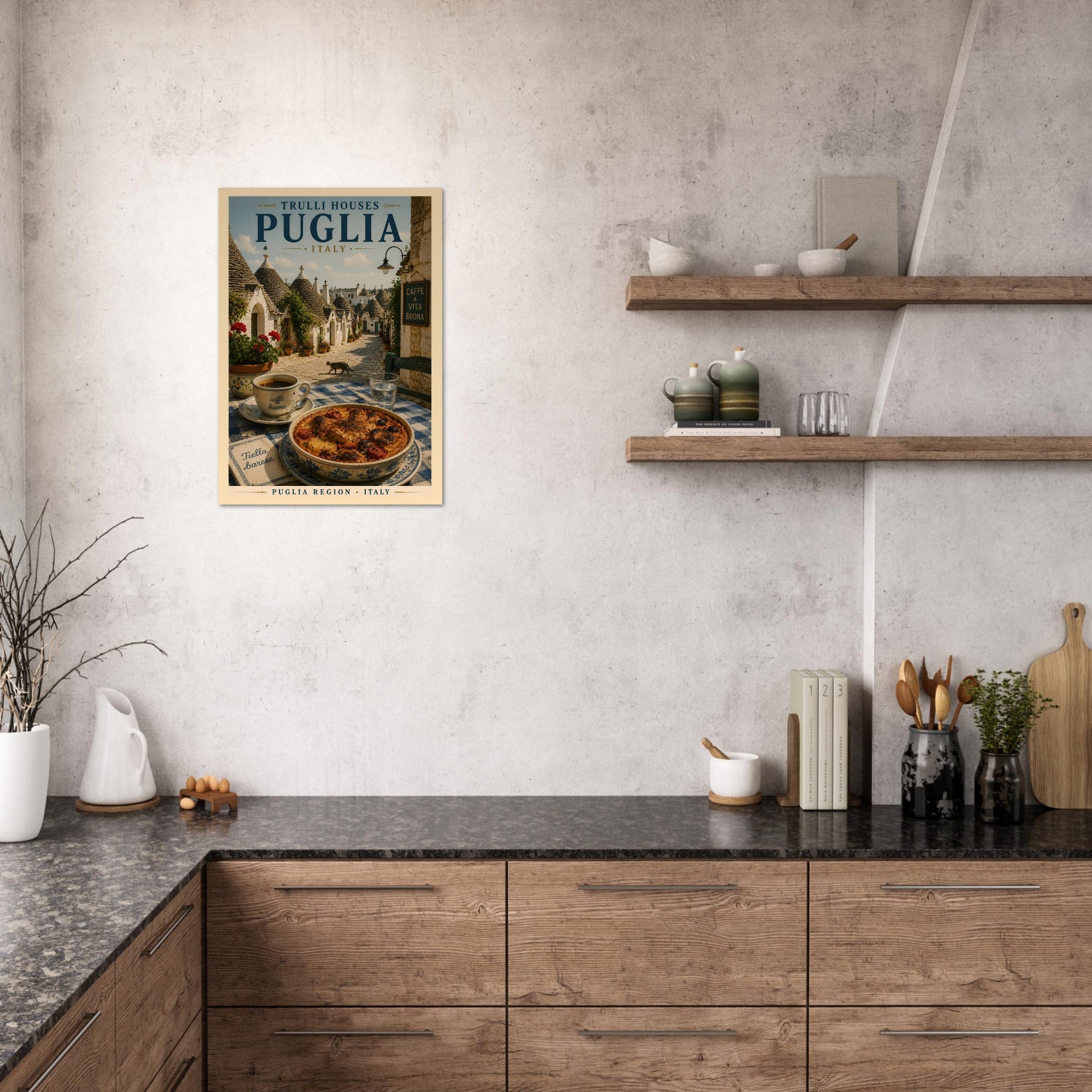Mediterranean travel poster displayed above a modern kitchen worktop with natural wood finishes