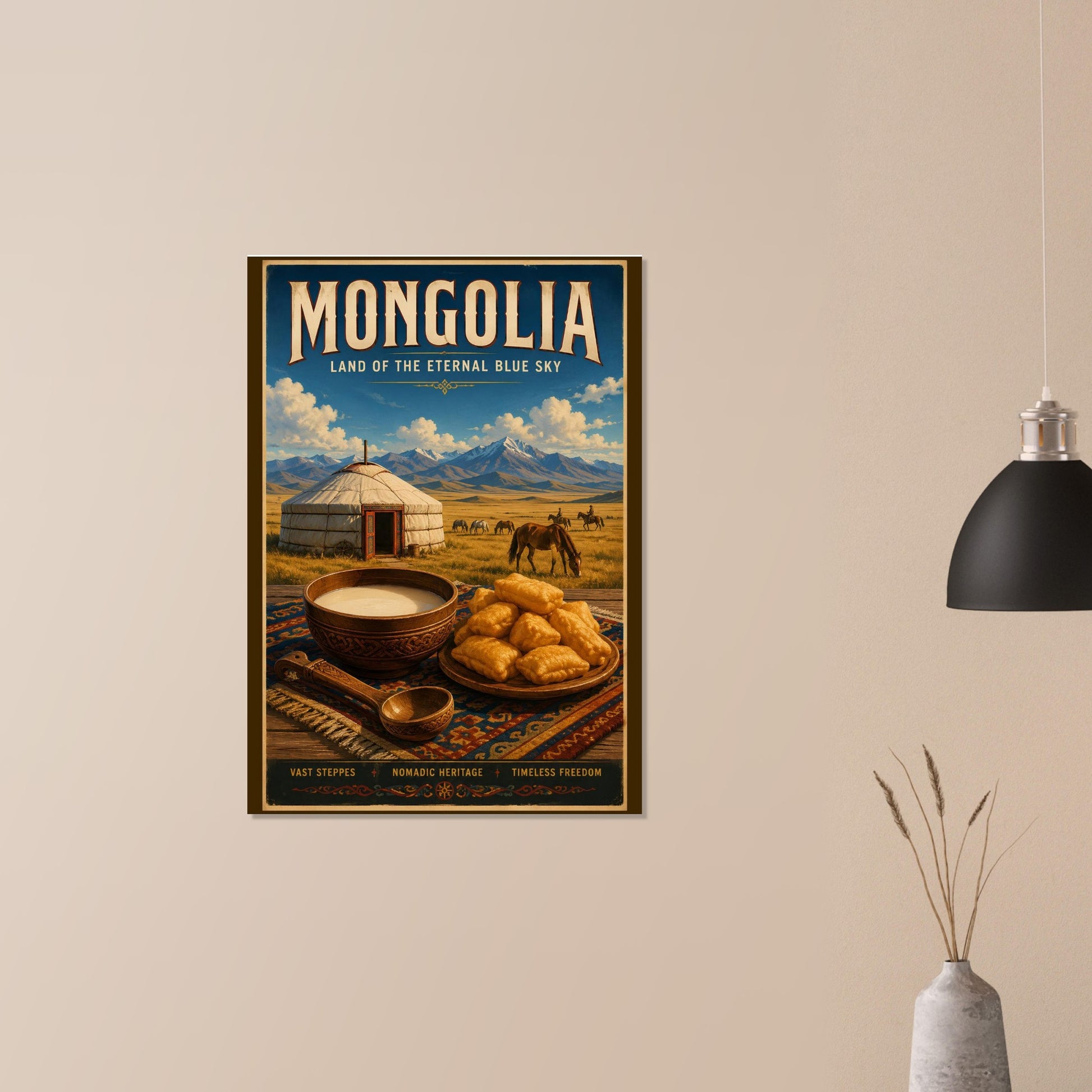 Mongolia travel poster displayed on a soft beige wall with modern decorative accents and minimalist styling.