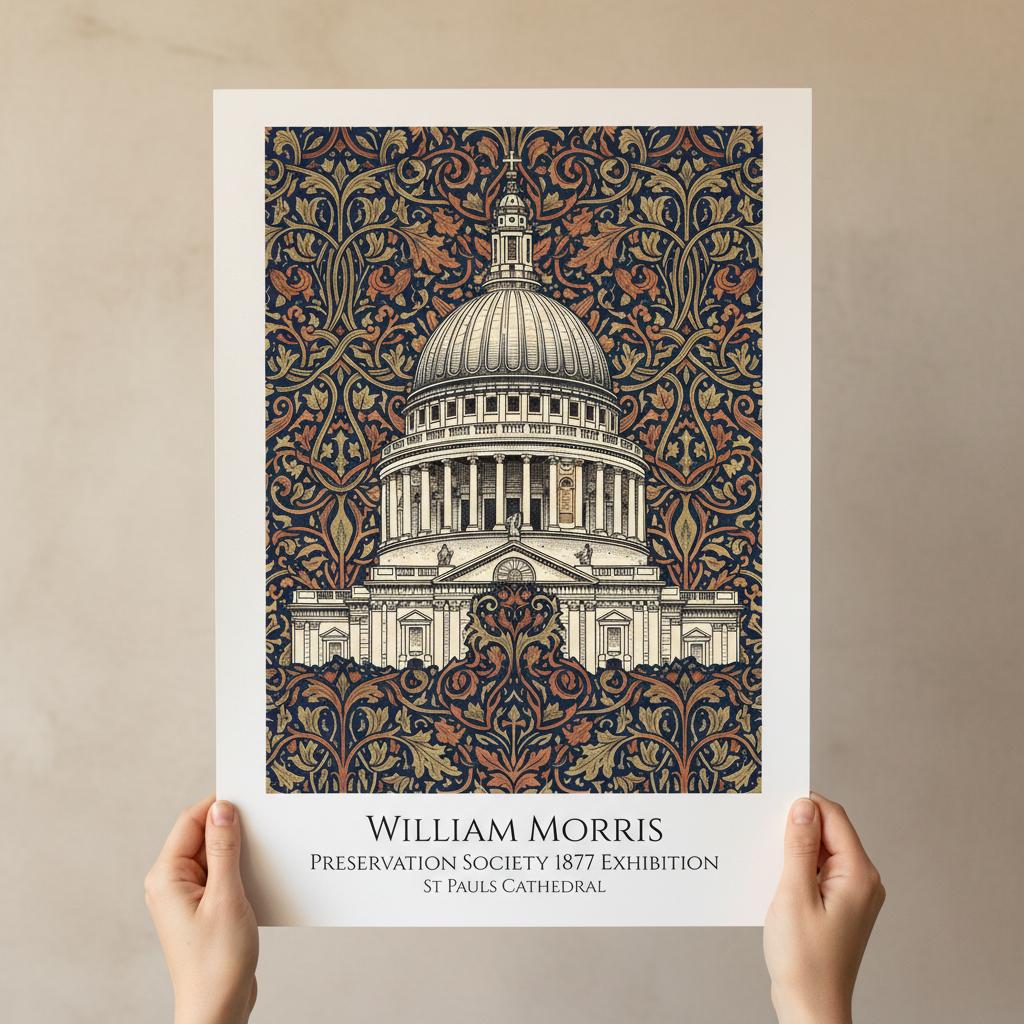 Poster of St. Paul's Cathedral with decorative border held by hands against a beige background