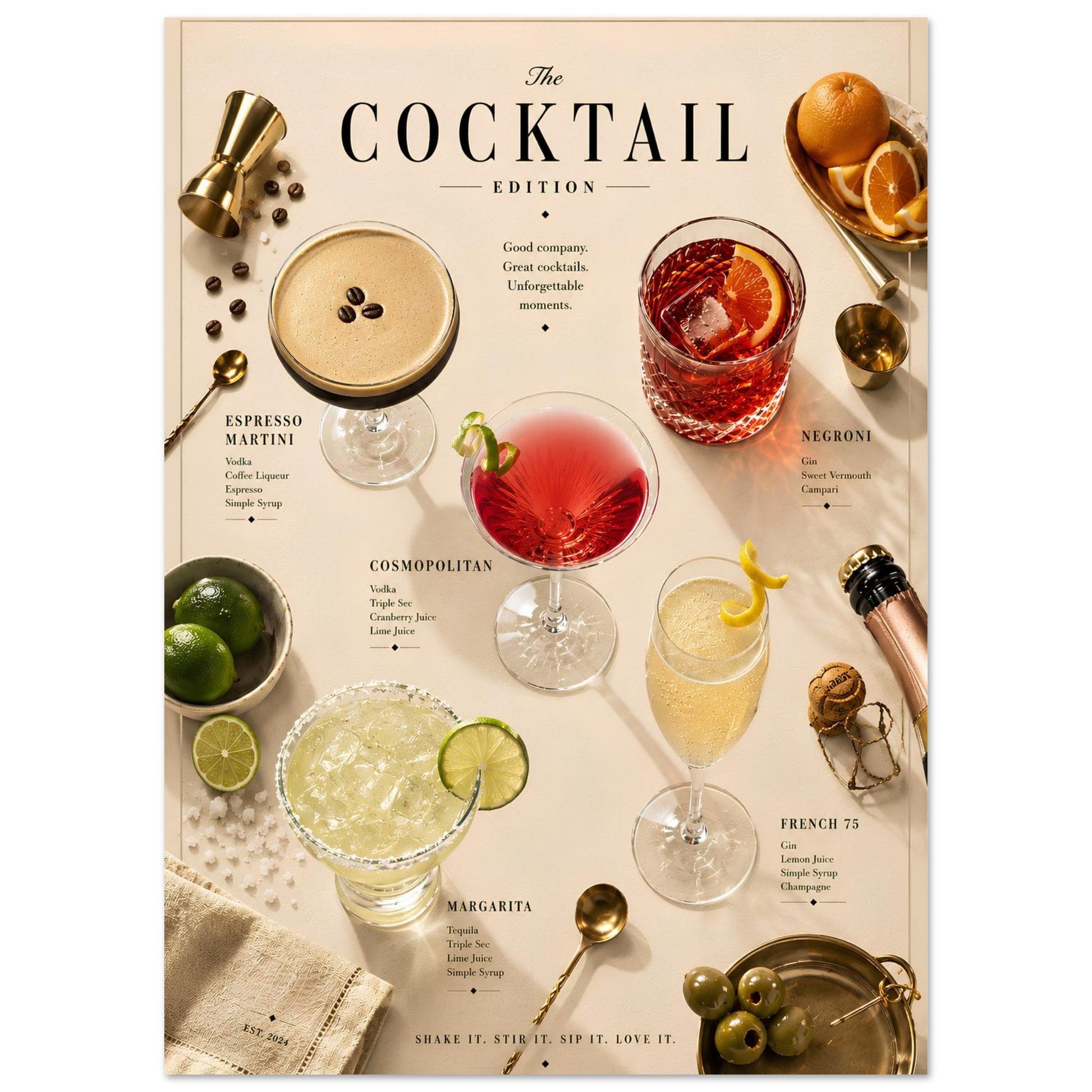Cocktail Edition Poster close-up featuring Espresso Martini, Negroni, Cosmopolitan, Margarita and French 75 in an editorial-style layout.