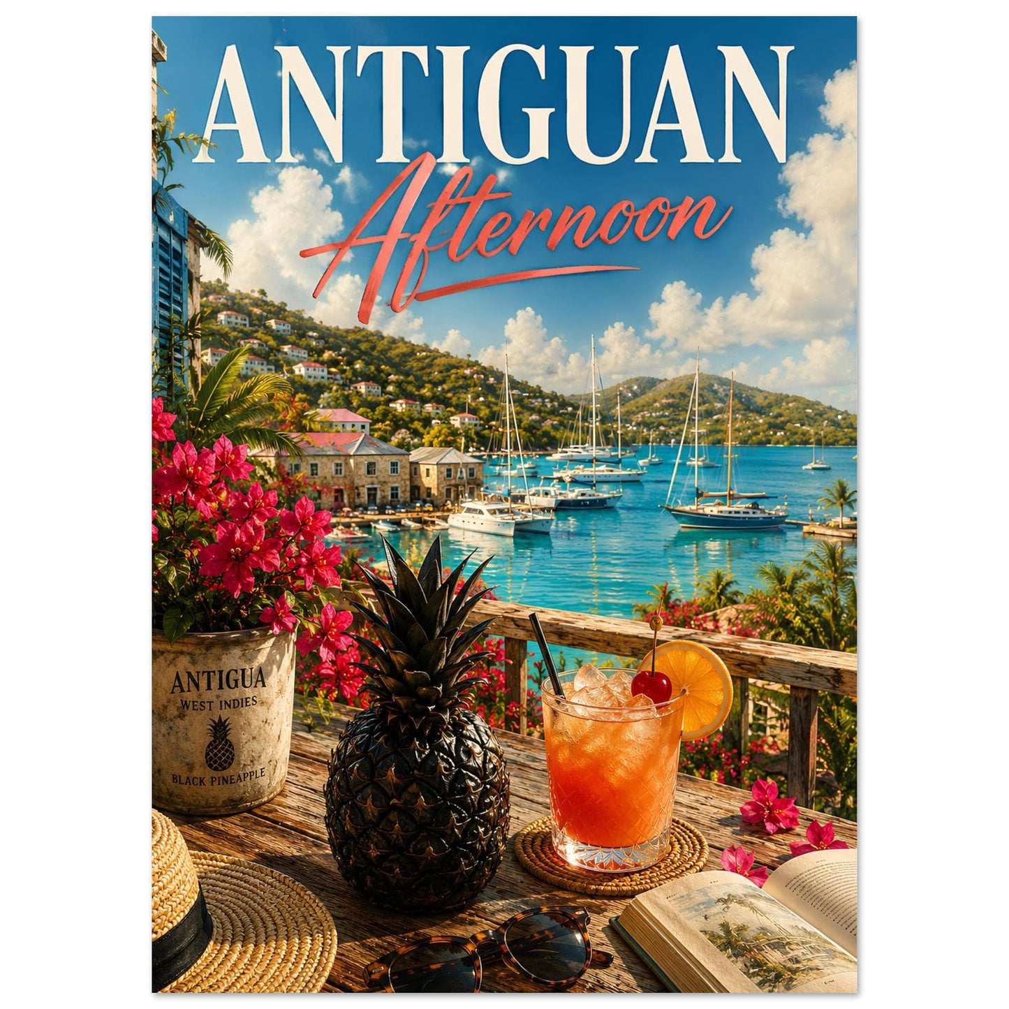 Caribbean wall art featuring English Harbour, sailing yachts and a black pineapple in painterly style