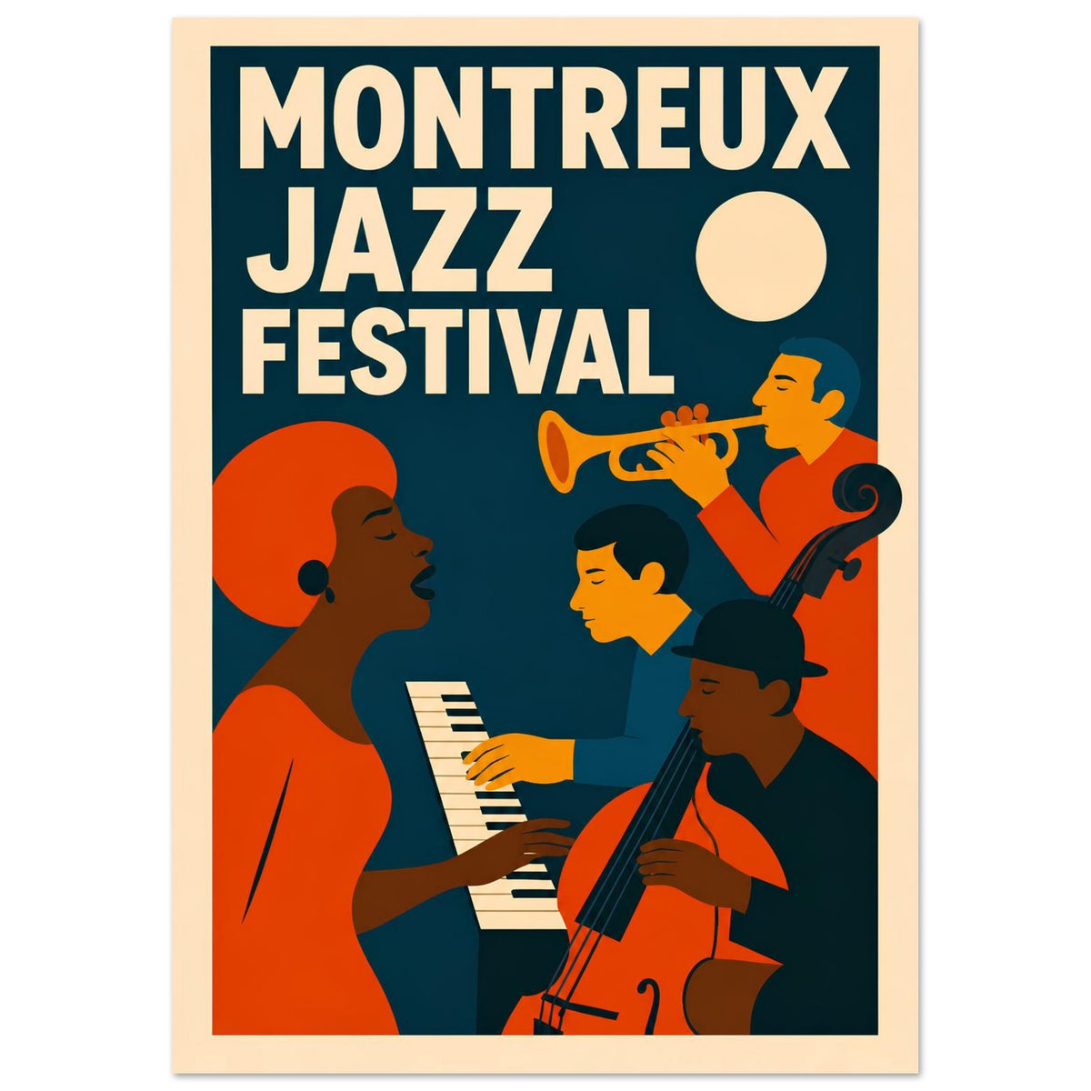 Montreux Jazz Festival poster with musicians and a trumpet on a blue background