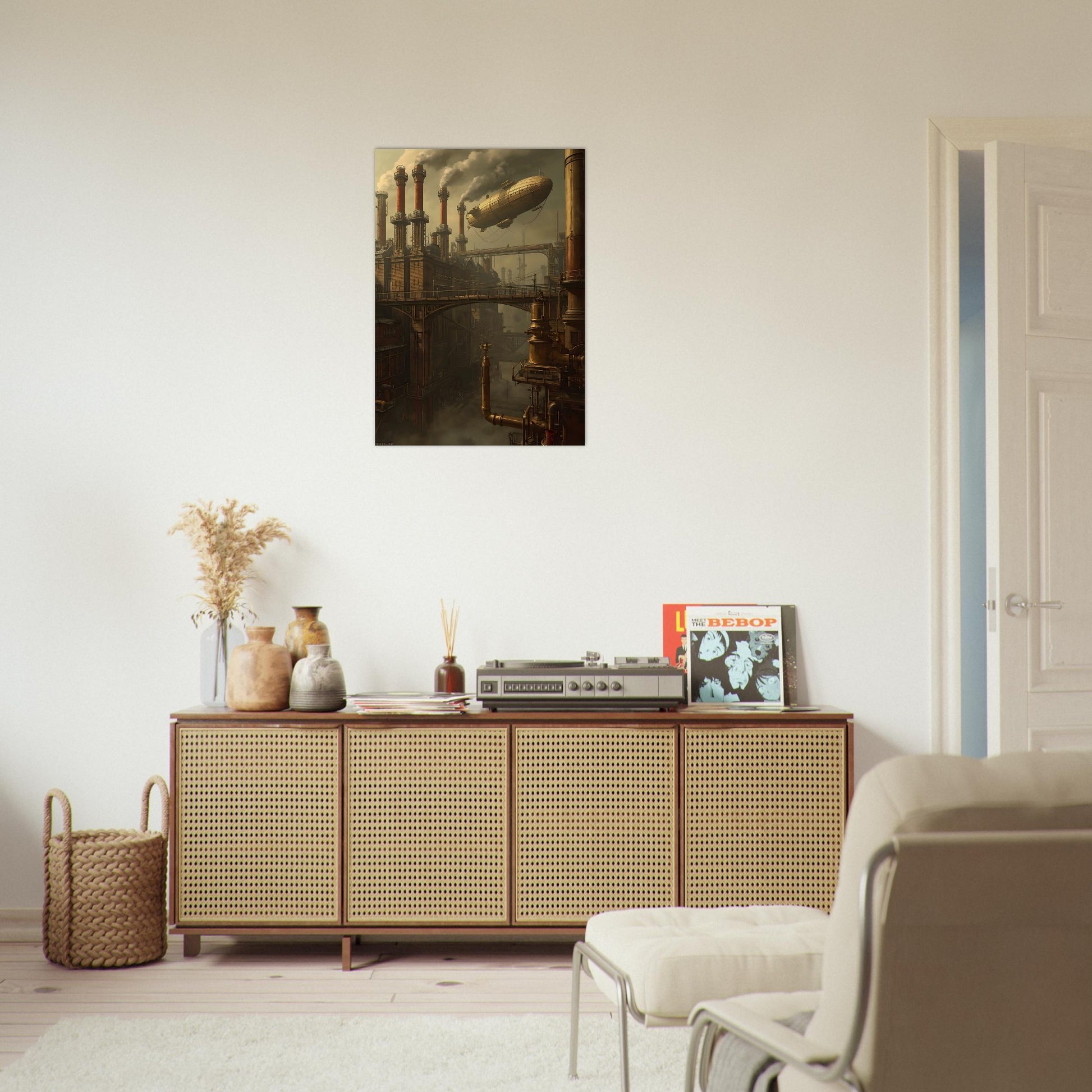 Living room with a sideboard, chair, and wall art depicting an industrial scene.