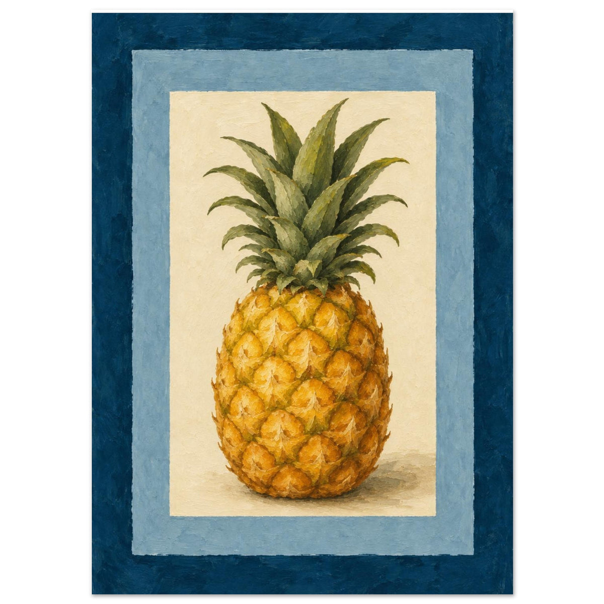A framed-style art print featuring a painted pineapple centered on a cream background, surrounded by a light blue border and a dark blue outer border, shown against a white backdrop.