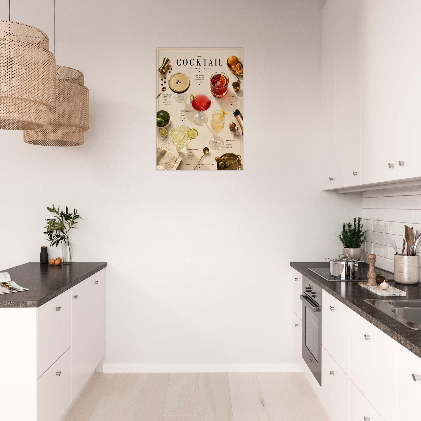 Modern kitchen with a cocktail recipe poster on the wall