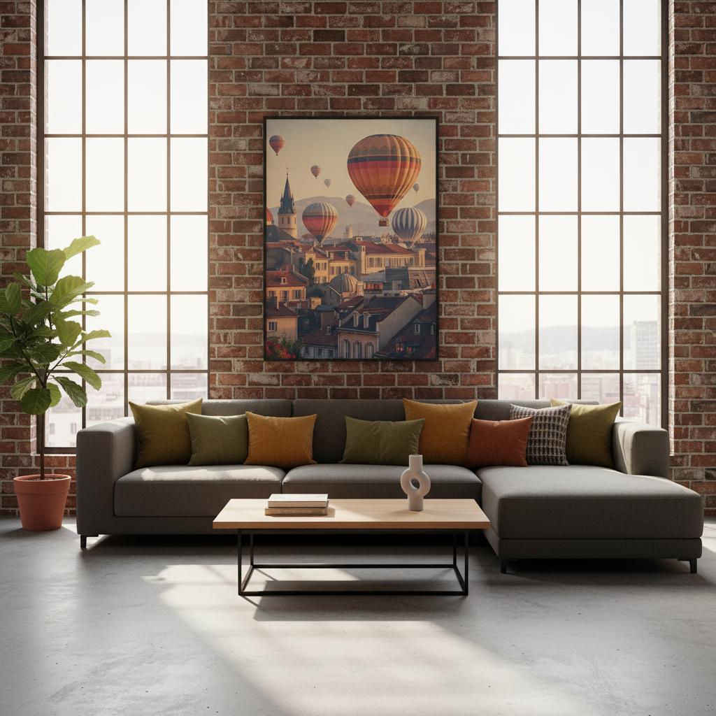 Modern living room with a gray sectional sofa, wooden coffee table, and colorful hot air balloon painting on brick wall.