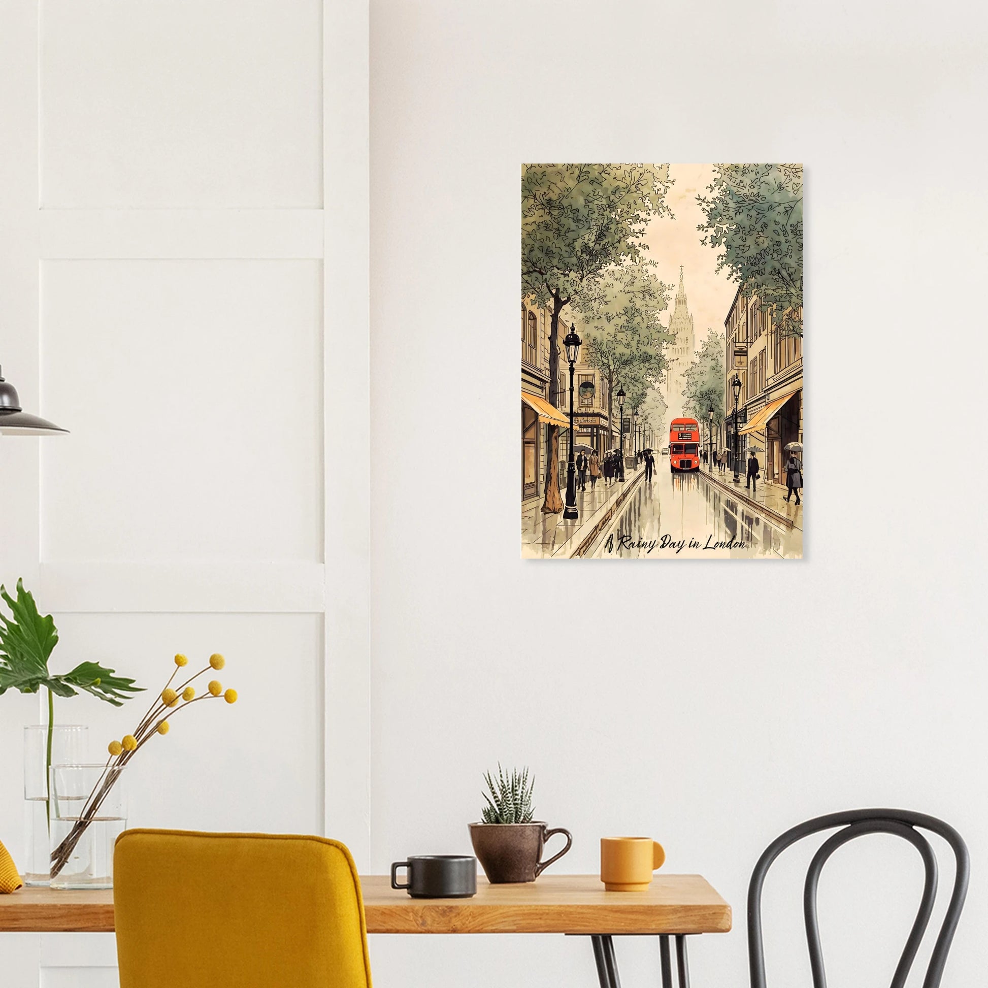 Framed artwork of a London street scene on a wall above a table with chairs.