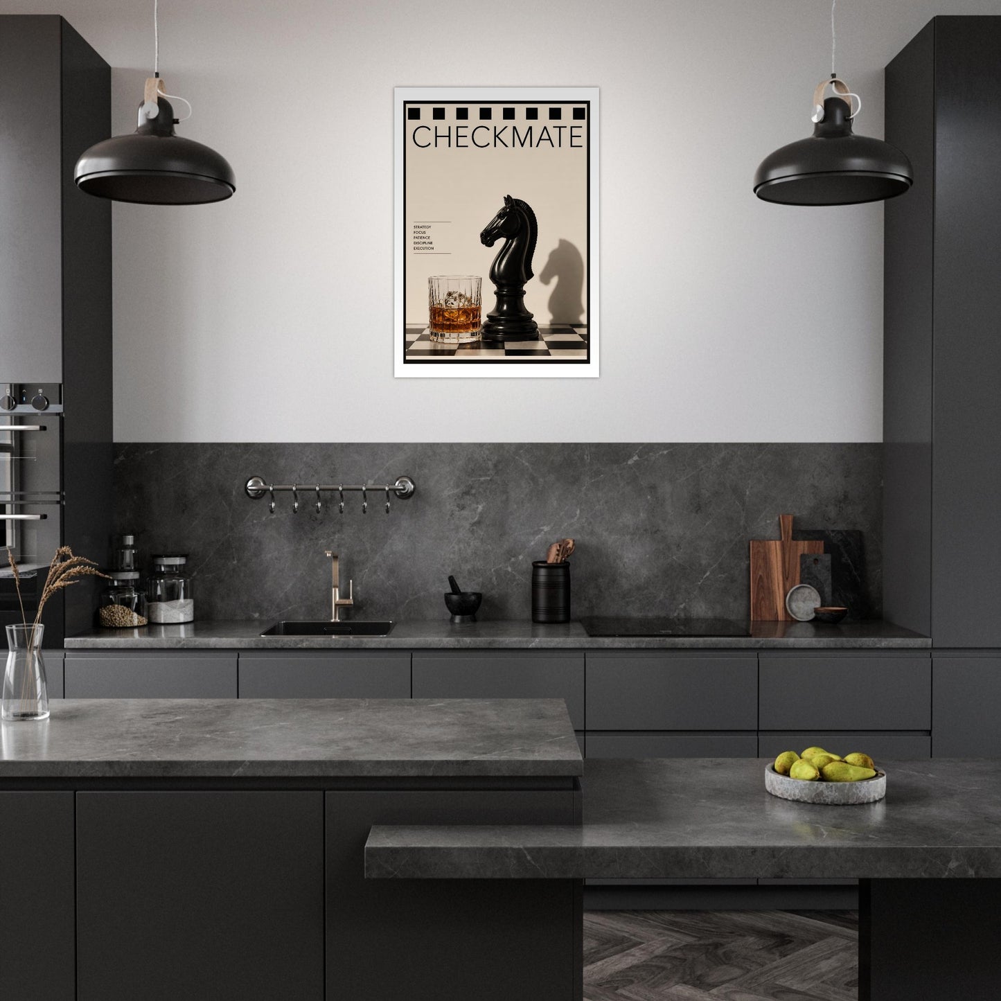 Modern kitchen with a 'Checkmate chess poster on the wall