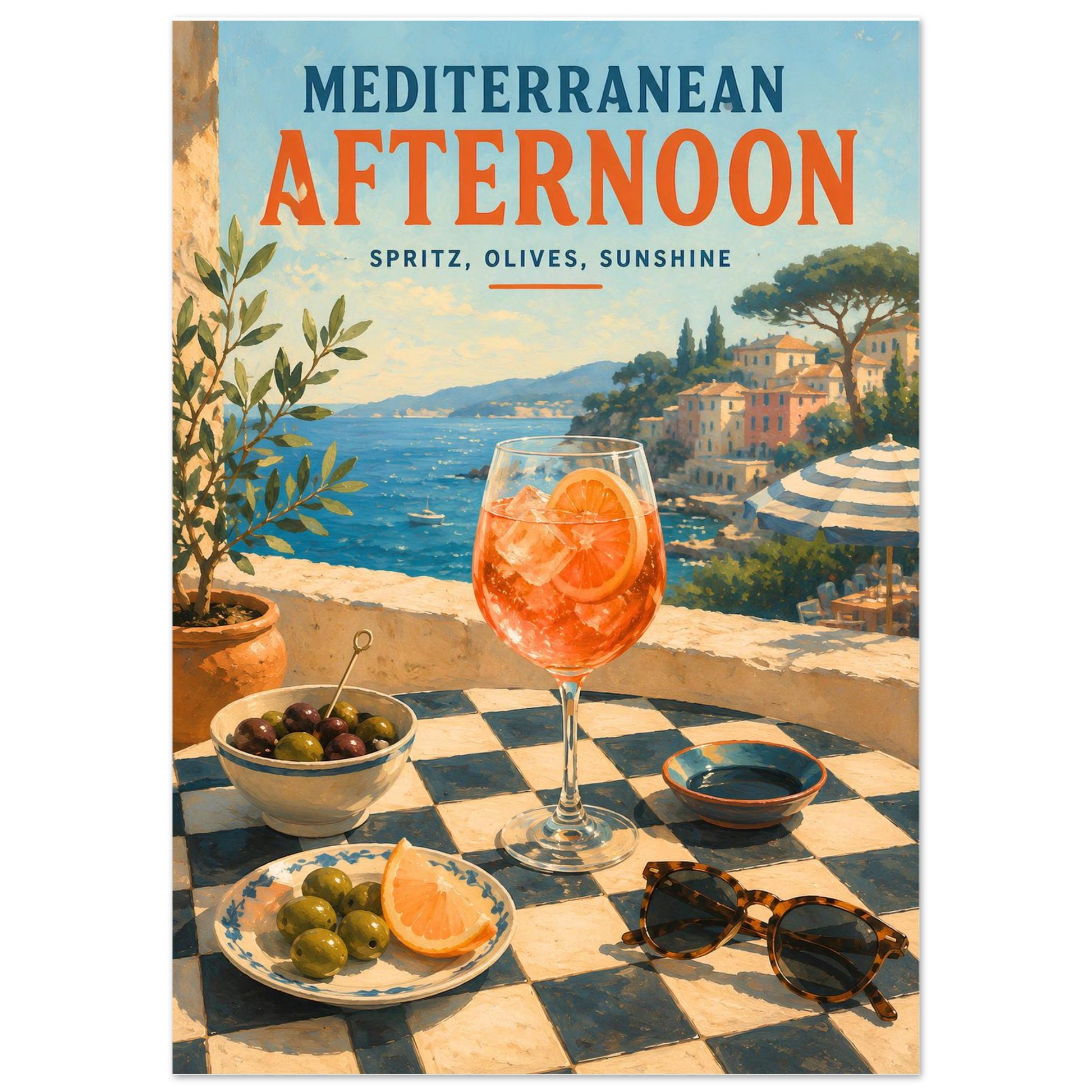Mediterranean wall art featuring a spritz cocktail and coastal sea view in painterly style