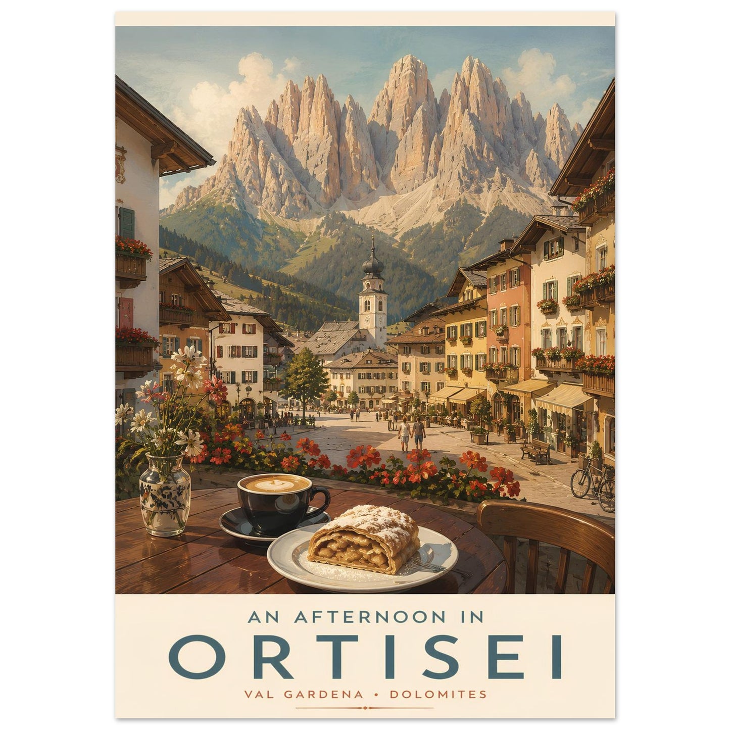 Close-up of the Ortisei travel poster featuring flower-filled alpine streets, café culture and the dramatic peaks of the Dolomites in northern Italy