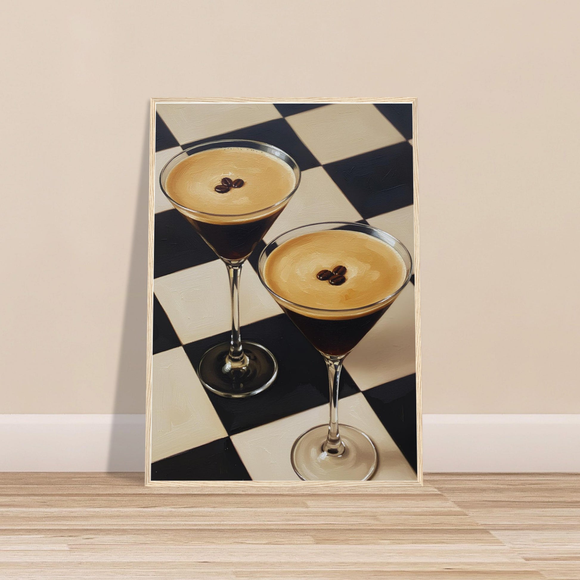 Espresso Martini framed wall art styled on a wooden shelf against a bright minimalist interior.