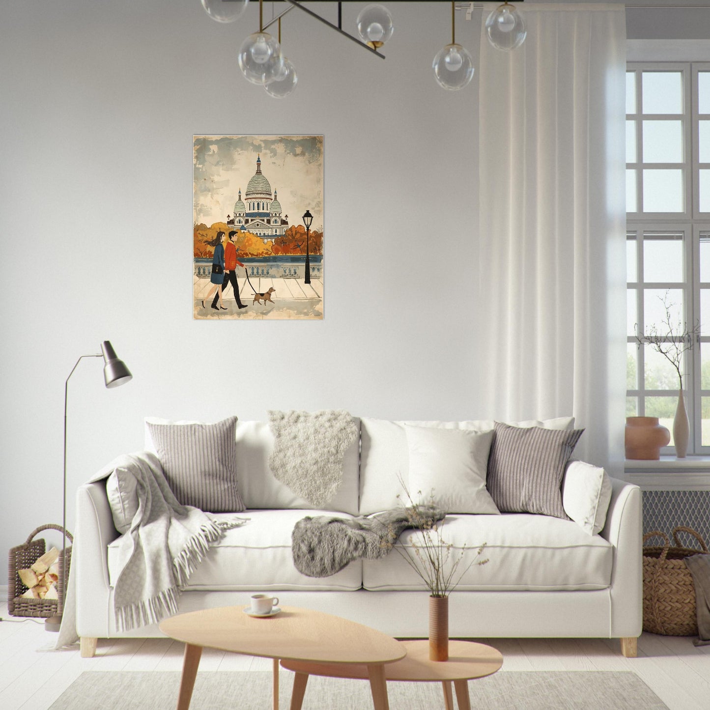 Living room with a white sofa, coffee table, and decorative items including a painting of a cityscape.