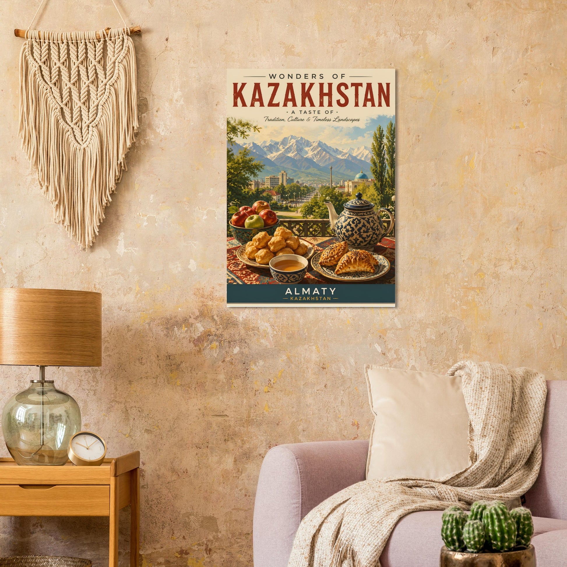 Kazakhstan travel poster displayed above a wooden console table in a bohemian-inspired room with natural textures and decorative plants.