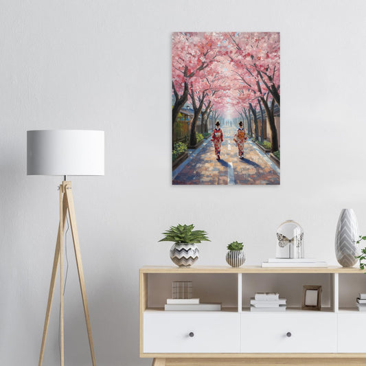 Cherry blossom wall art print displayed above a sideboard with a modern lamp and ornaments displayed