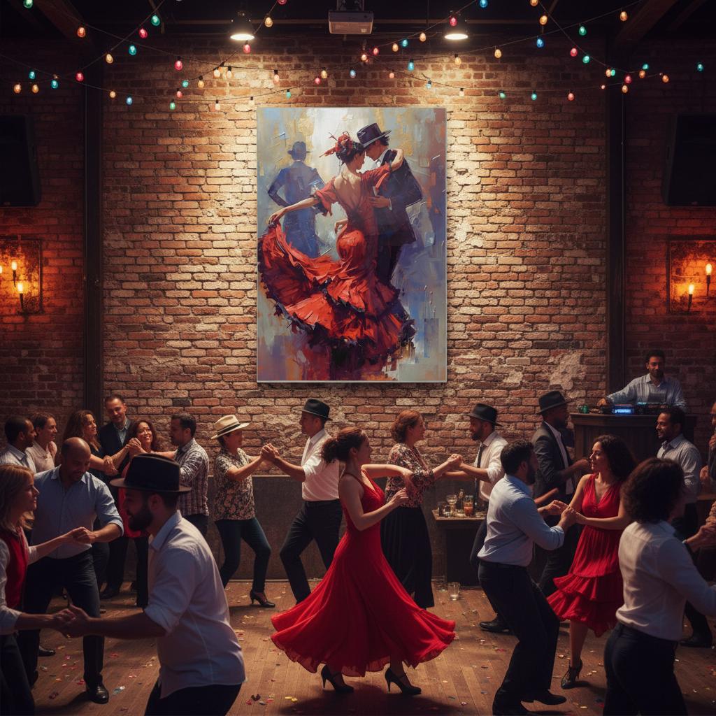 Dancers in a lively setting with a painting of a couple dancing on the wall.