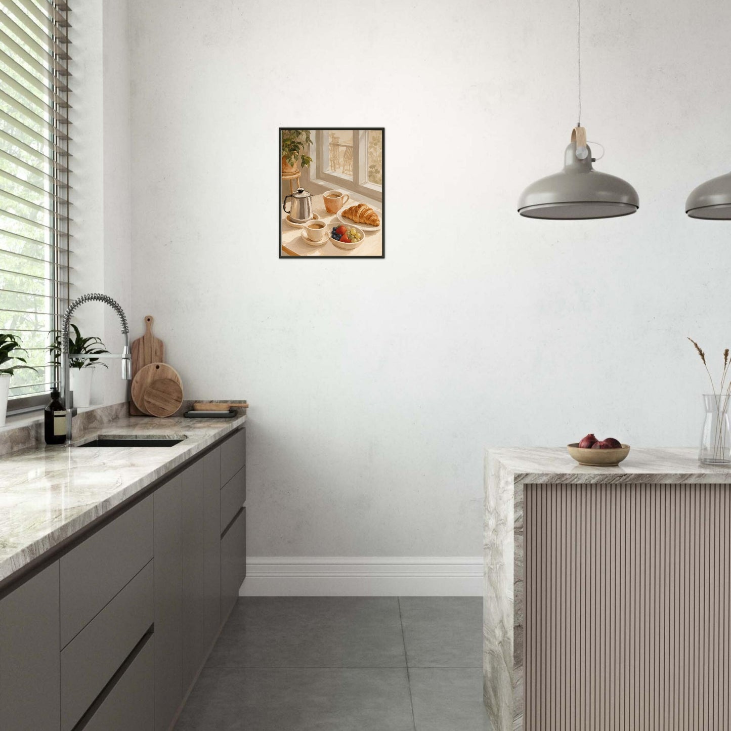 Modern kitchen with marble countertops, pendant lights, and a framed picture on the wall.