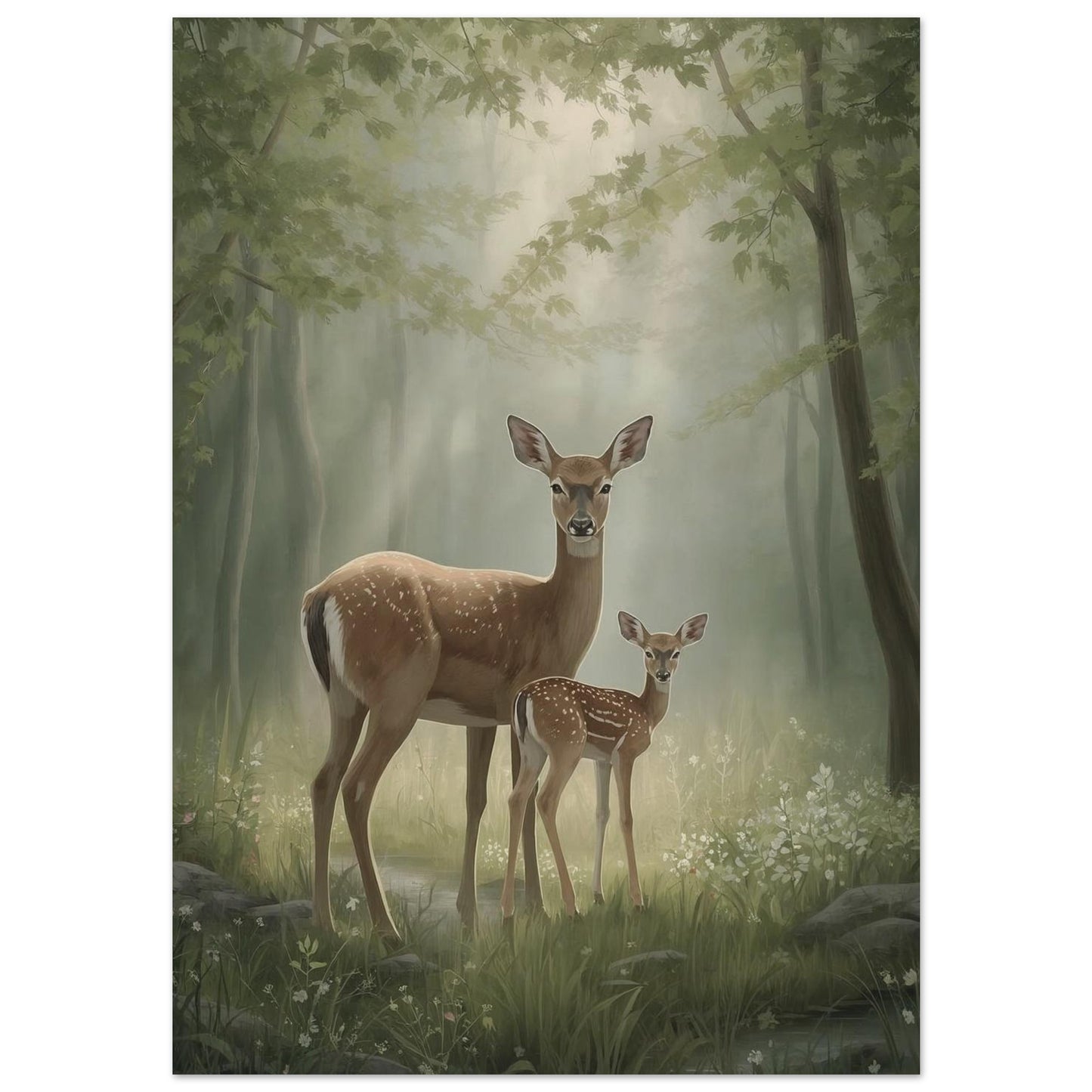 mother and fawn deer wall art poster in soft spring forest scene