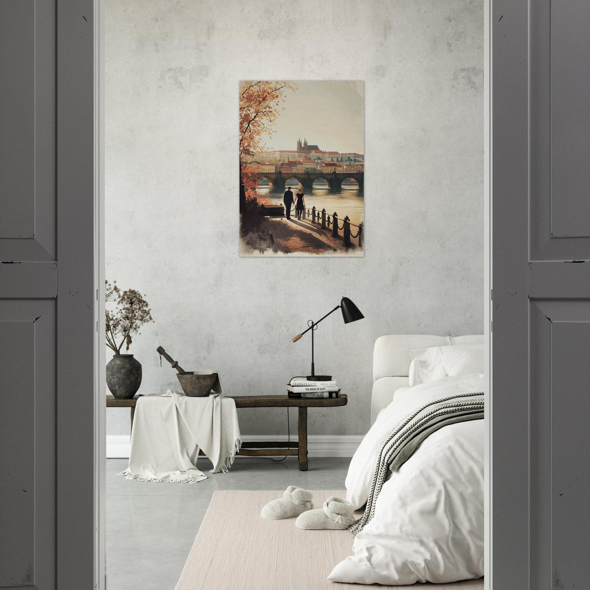 Romantic Prague poster with Charles Bridge and castle skyline at sunset