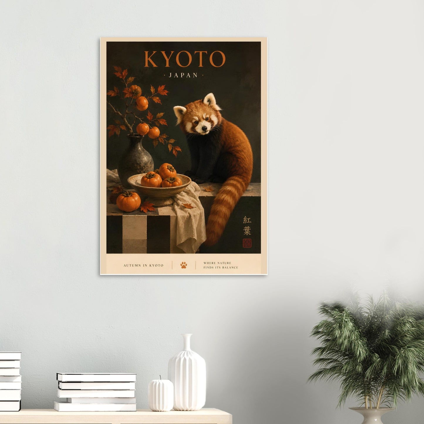 Poster of a red panda in Kyoto, Japan, on a wall with decor items below.