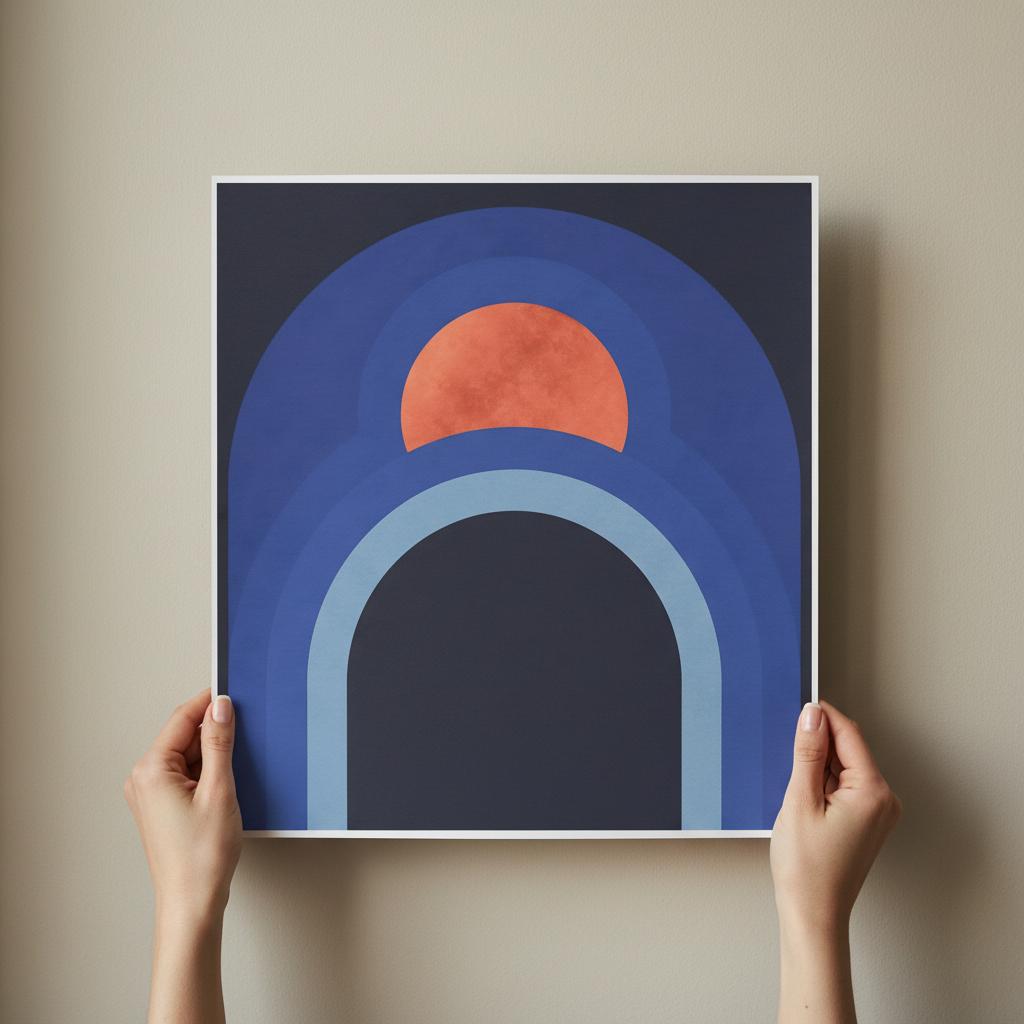 Close-up of modern abstract arch wall art with warm terracotta sun detail