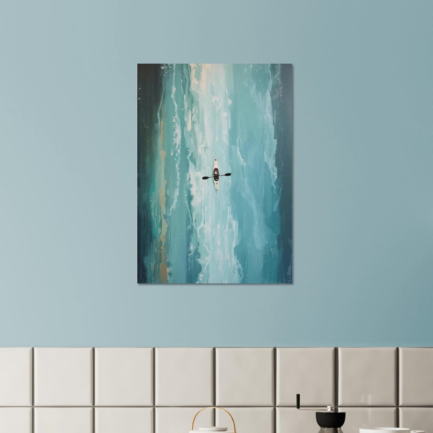 Abstract painting of a person in a kayak on a blue wall above a tiled wall.