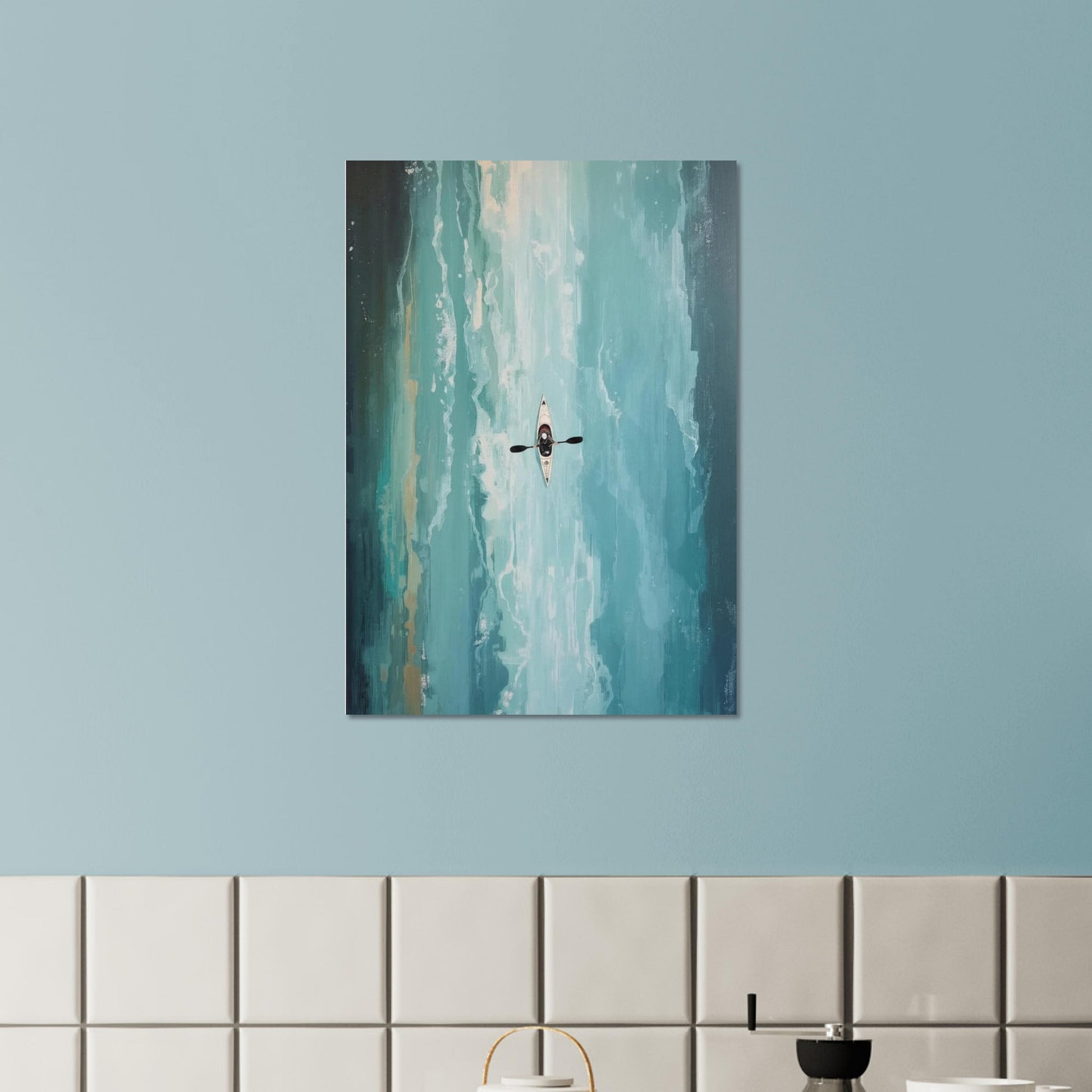 Abstract painting of a person in a kayak on a blue wall above a tiled wall.