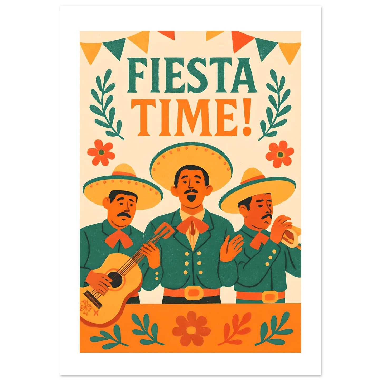 Fiesta Time Poster – Retro Mexican Wall Art – Vintage Mariachi Band Print – Colorful Festival & Cinco de Mayo Home Decor