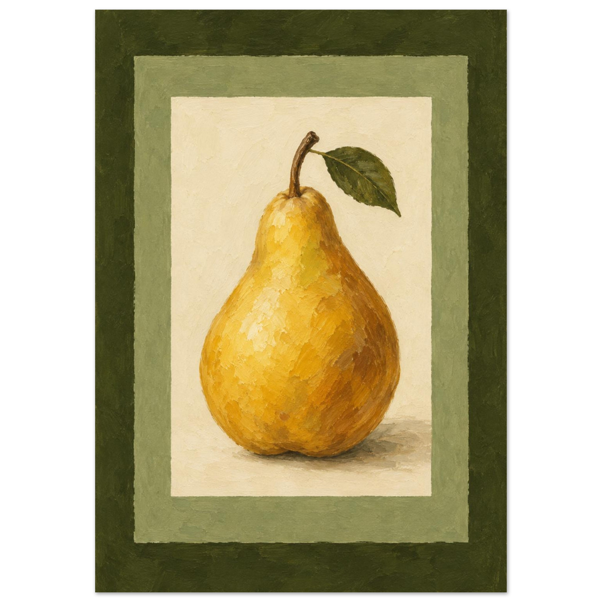 A framed-style still life artwork showing a yellow pear with a green leaf, centered within layered cream and olive-green borders on a white background.