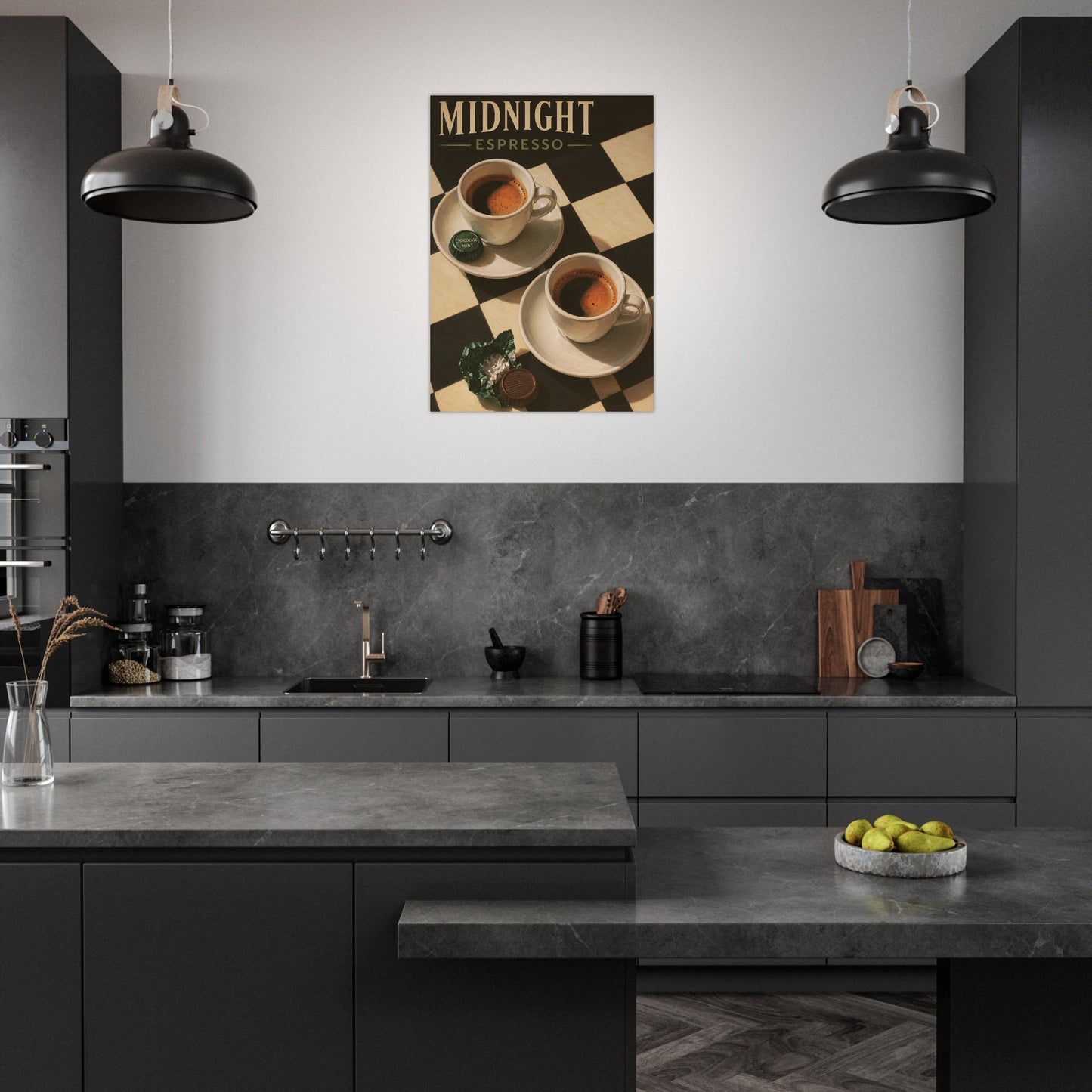 Midnight Espresso coffee print displayed in a warm minimalist kitchen and dining space.