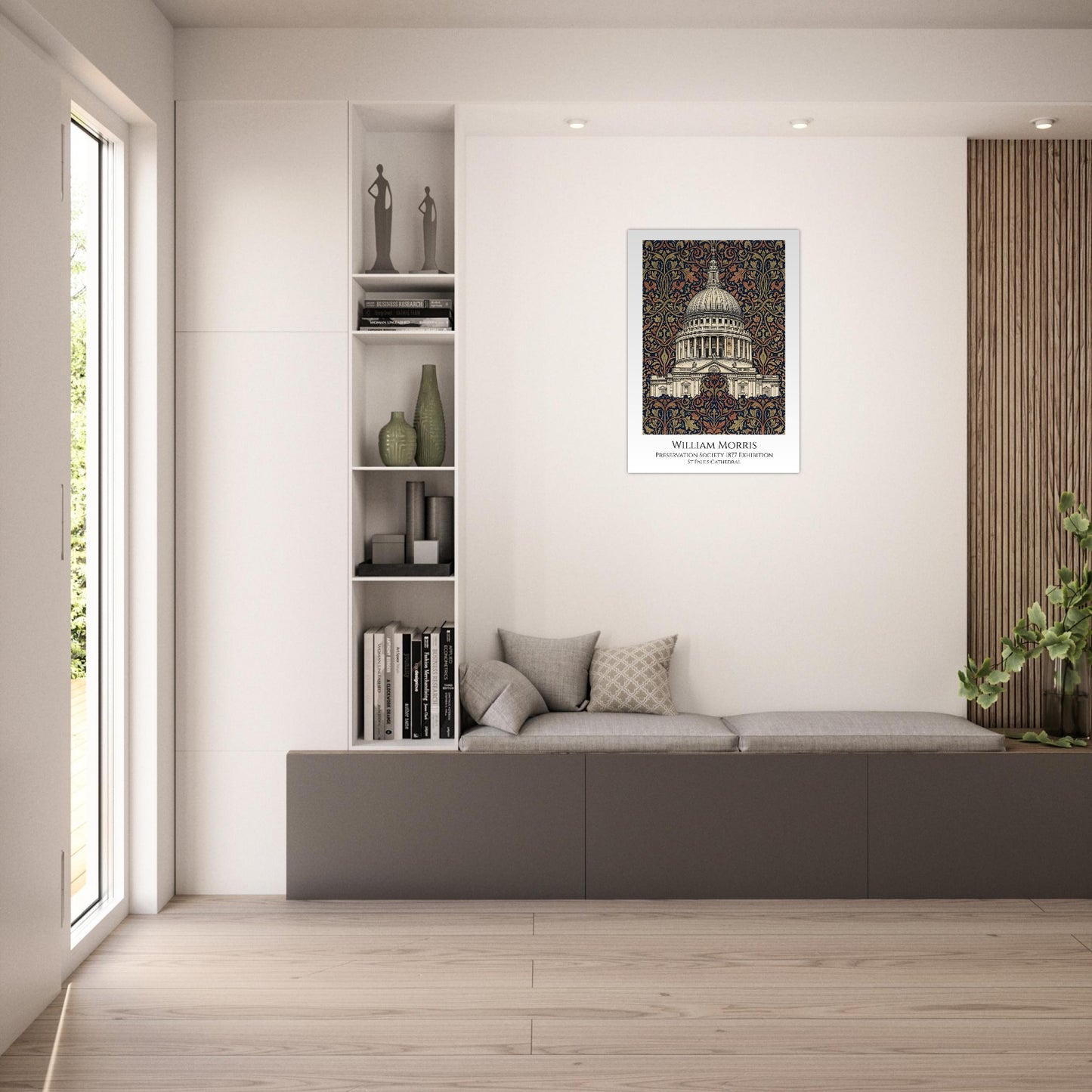 Modern living room with a framed artwork on the wall