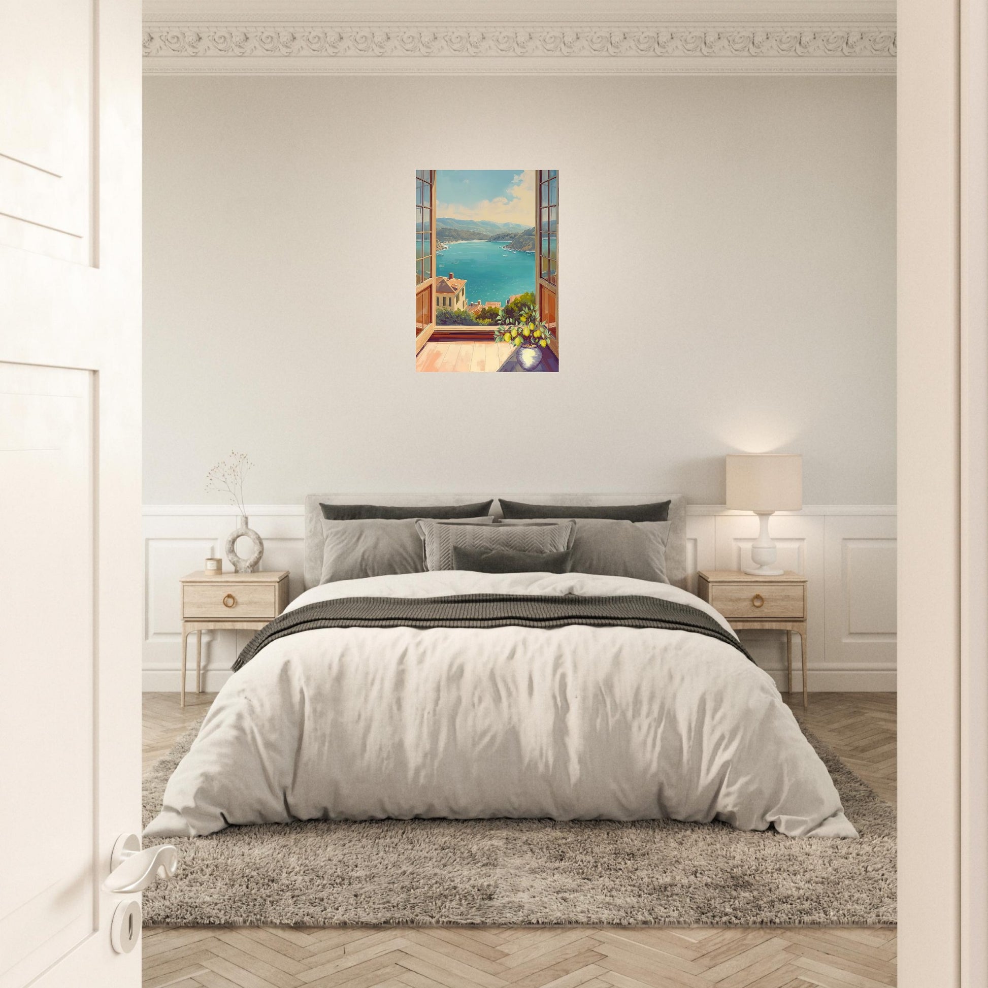 Bedroom with a large bed, nightstands, and Coastal window view wall art on the wall