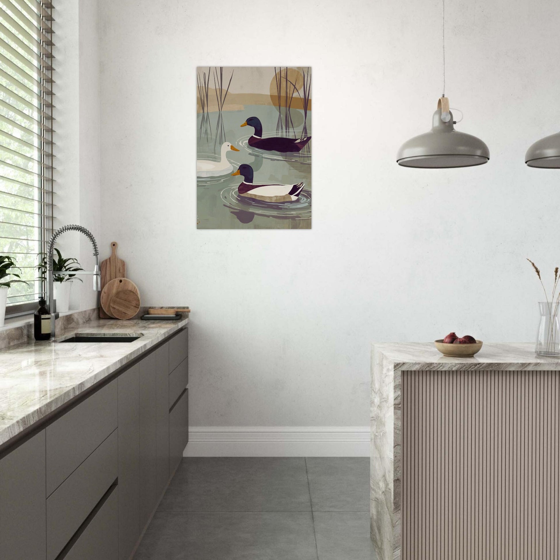duck wall art in minimalist kitchen