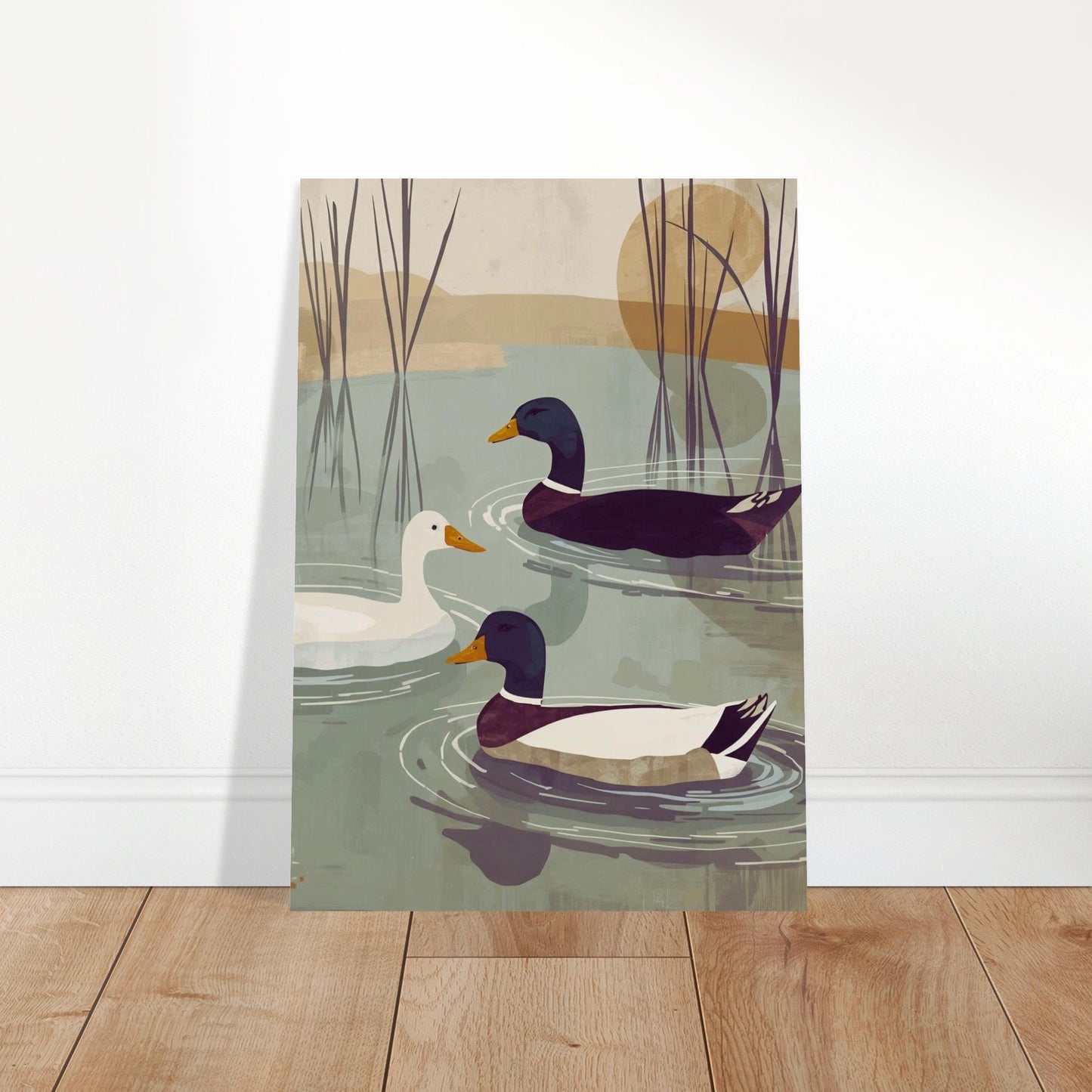 Poster of ducks on water with reeds and a sunset in the background